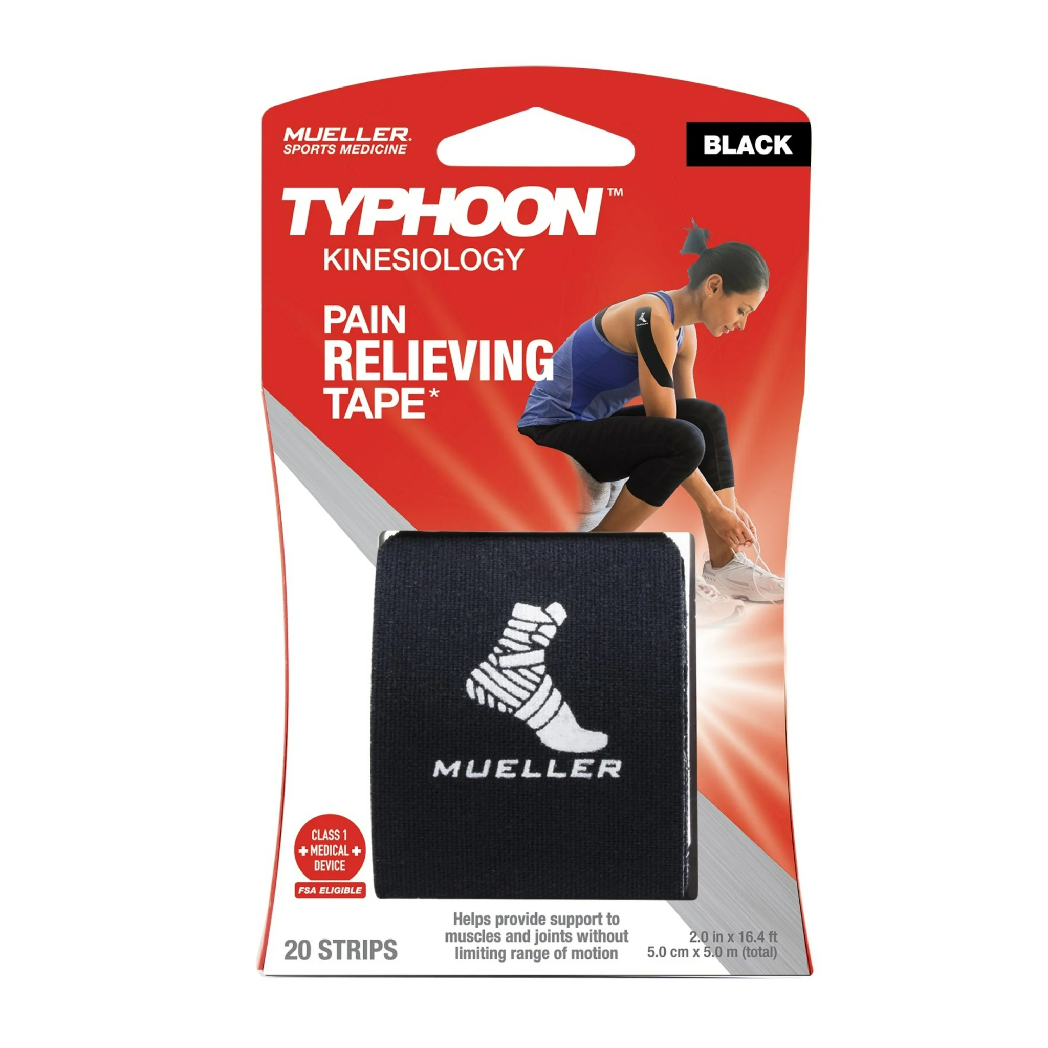 Mueller, Typhoon Kinesiology Therapeutic Tape, Precut I-Strips for Muscle Support, Black, 20 Strips