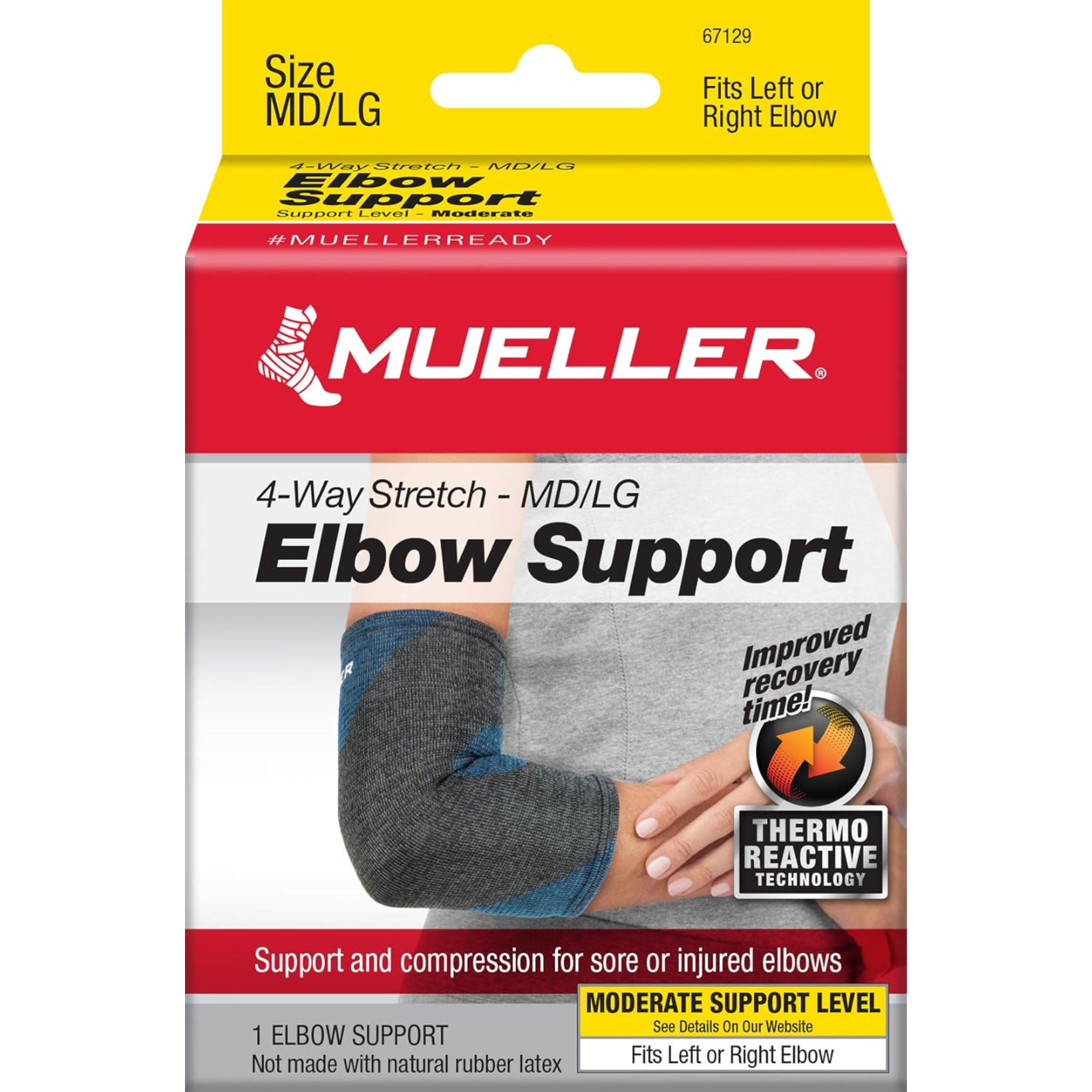 Mueller, 4-Way Stretch Premium Knit Elbow Compression Sleeve, Thermo Reactive Elbow Pain Relief, Comfortable Support for Men and Women, Medium/Large