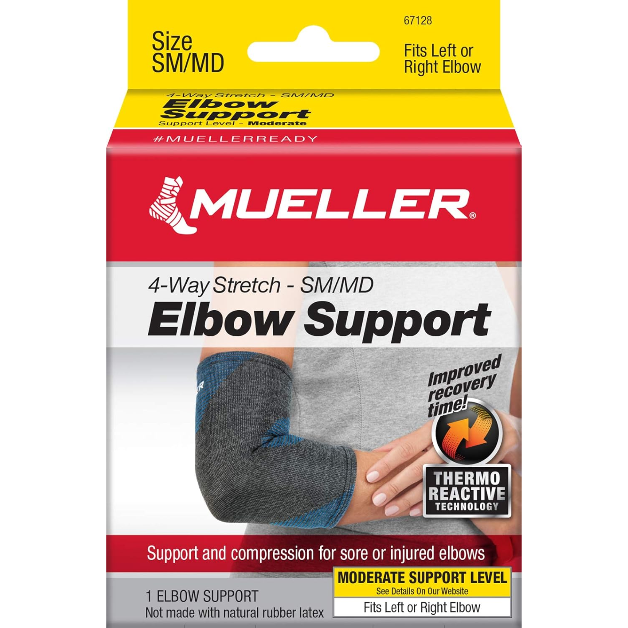 Mueller, 4-Way Stretch Premium Knit Elbow Compression Sleeve, Thermo Reactive Elbow Support for Men and Women, Small/Medium
