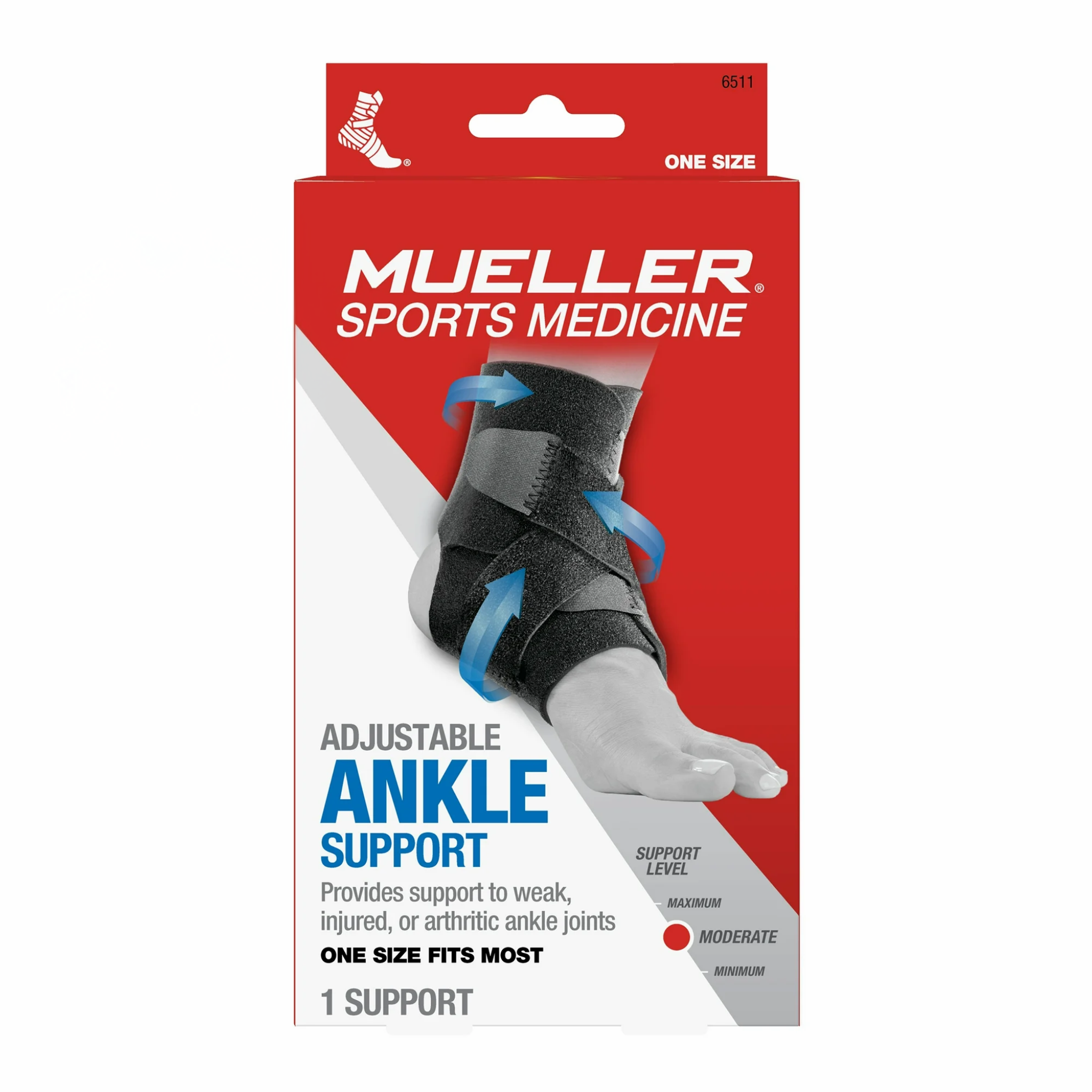 Mueller, Adjustable Ankle Brace, Comfortable and Supportive Design for Active Use, One Size, Black
