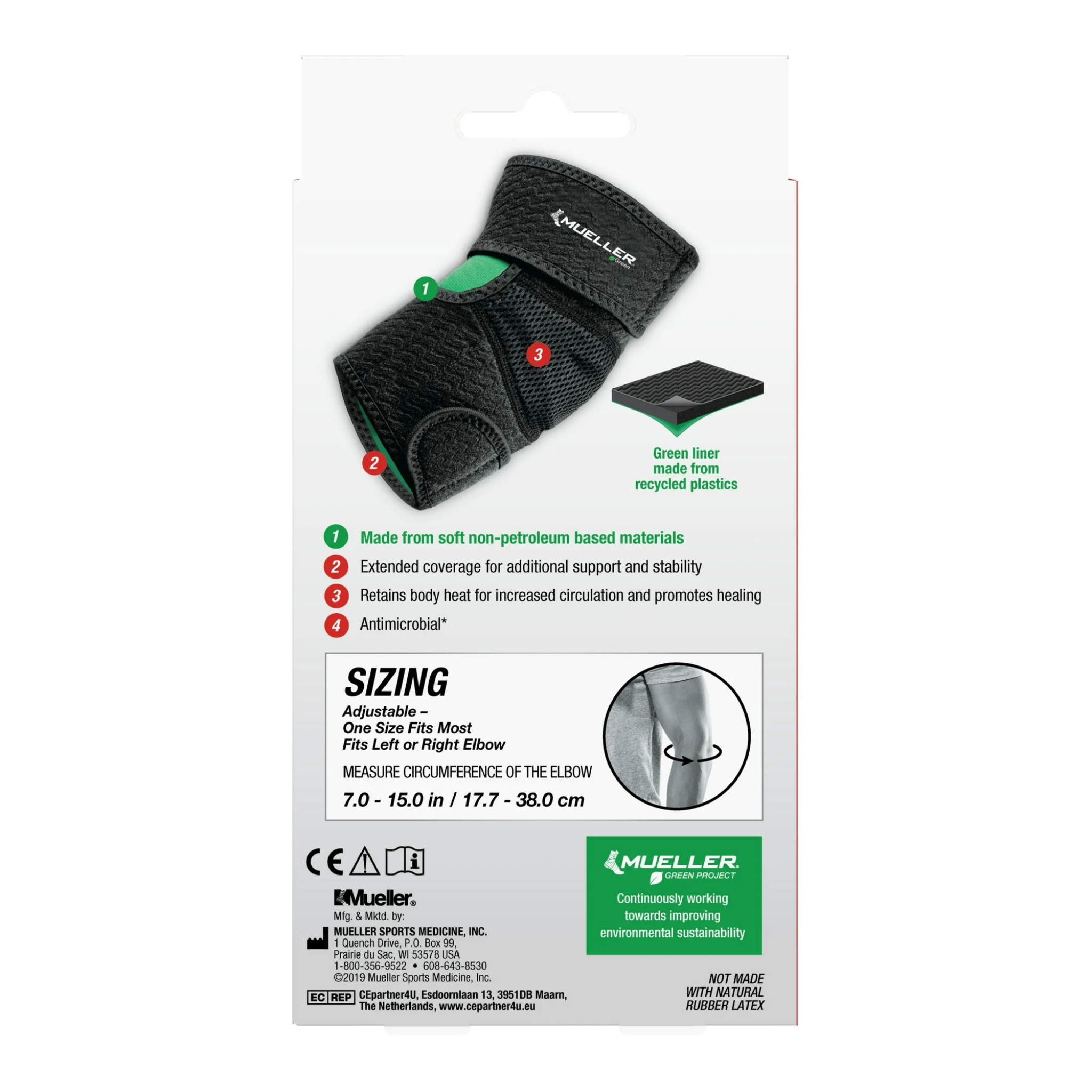 Mueller, Green Adjustable Elbow Support Pad, Comfortable and Flexible Relief for Joint Pain, Adjustable, One Size