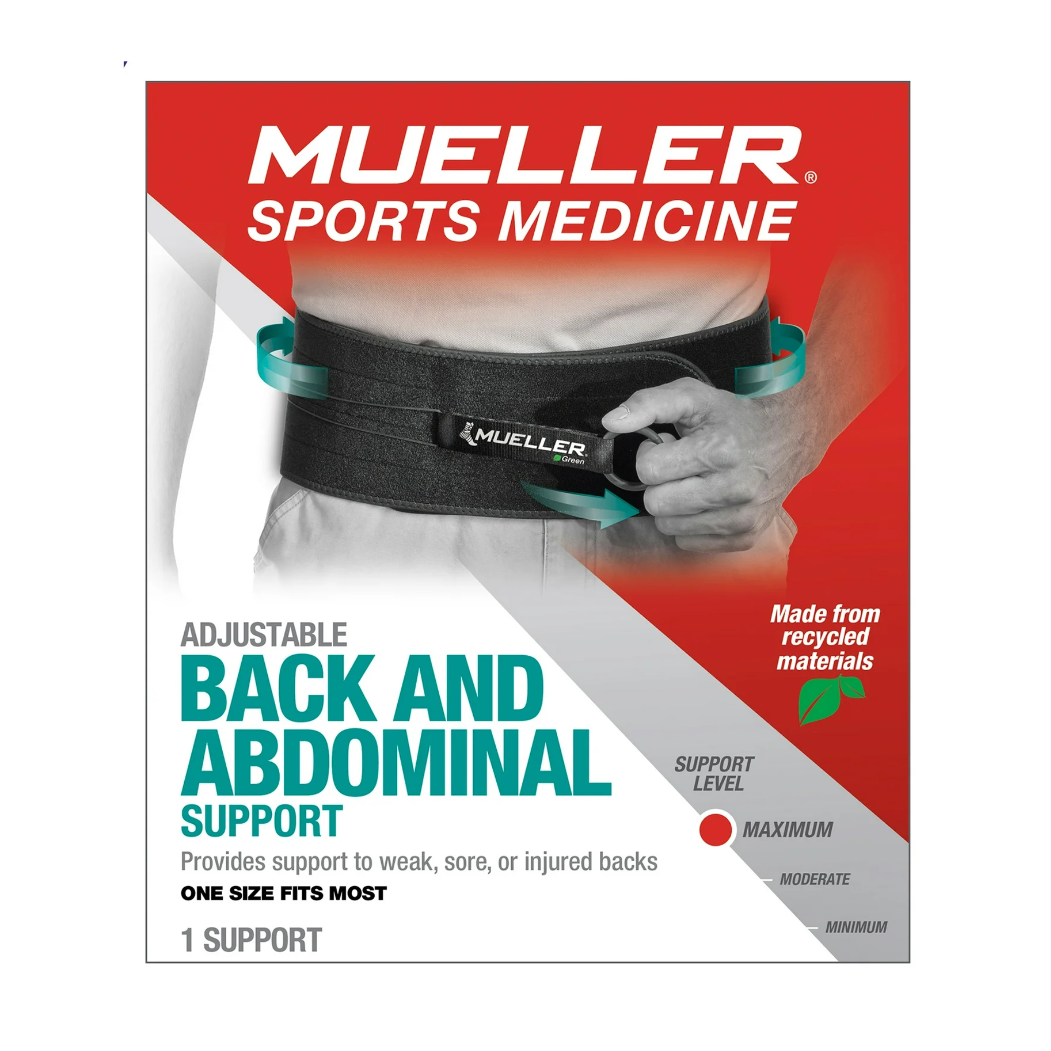 Mueller, Green Adjustable Back and Abdominal Support, Black, One Size Fits Most
