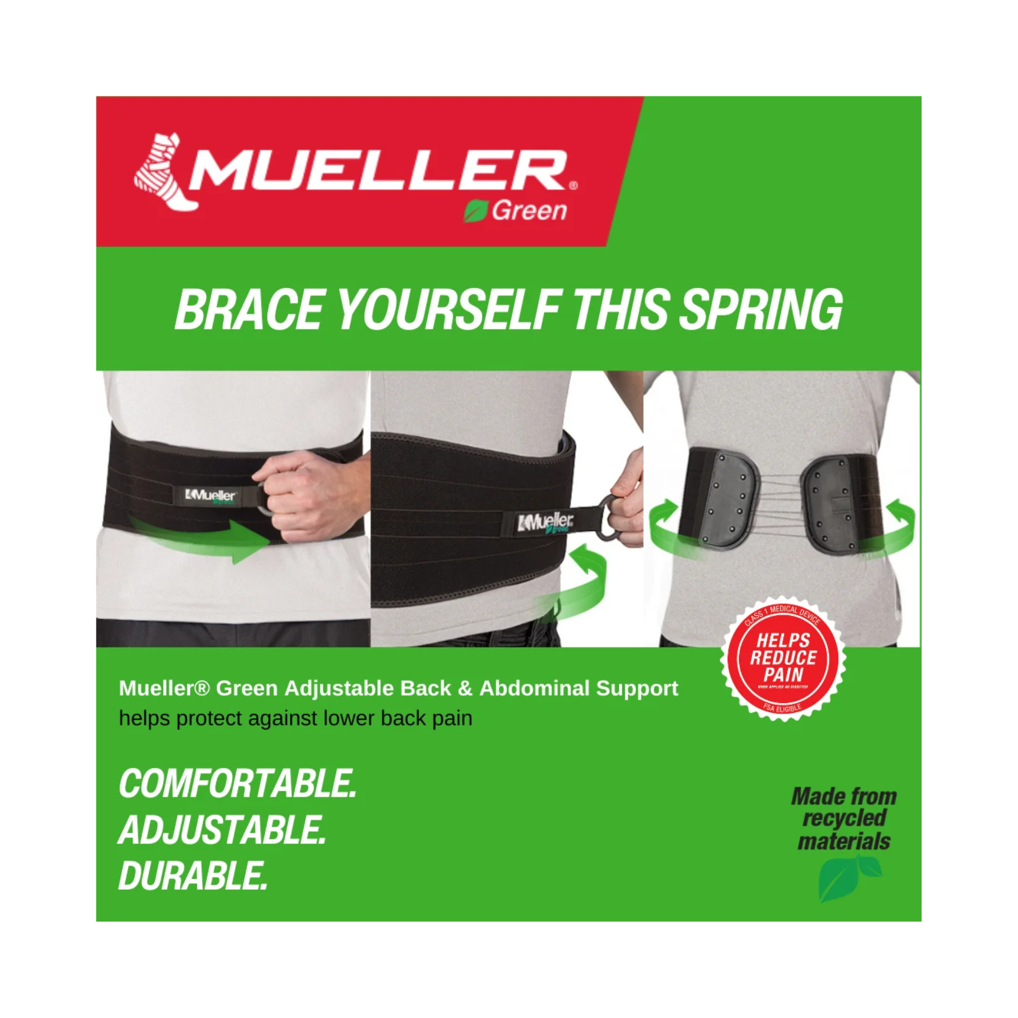 Mueller, Green Adjustable Back and Abdominal Support, Black, One Size Fits Most