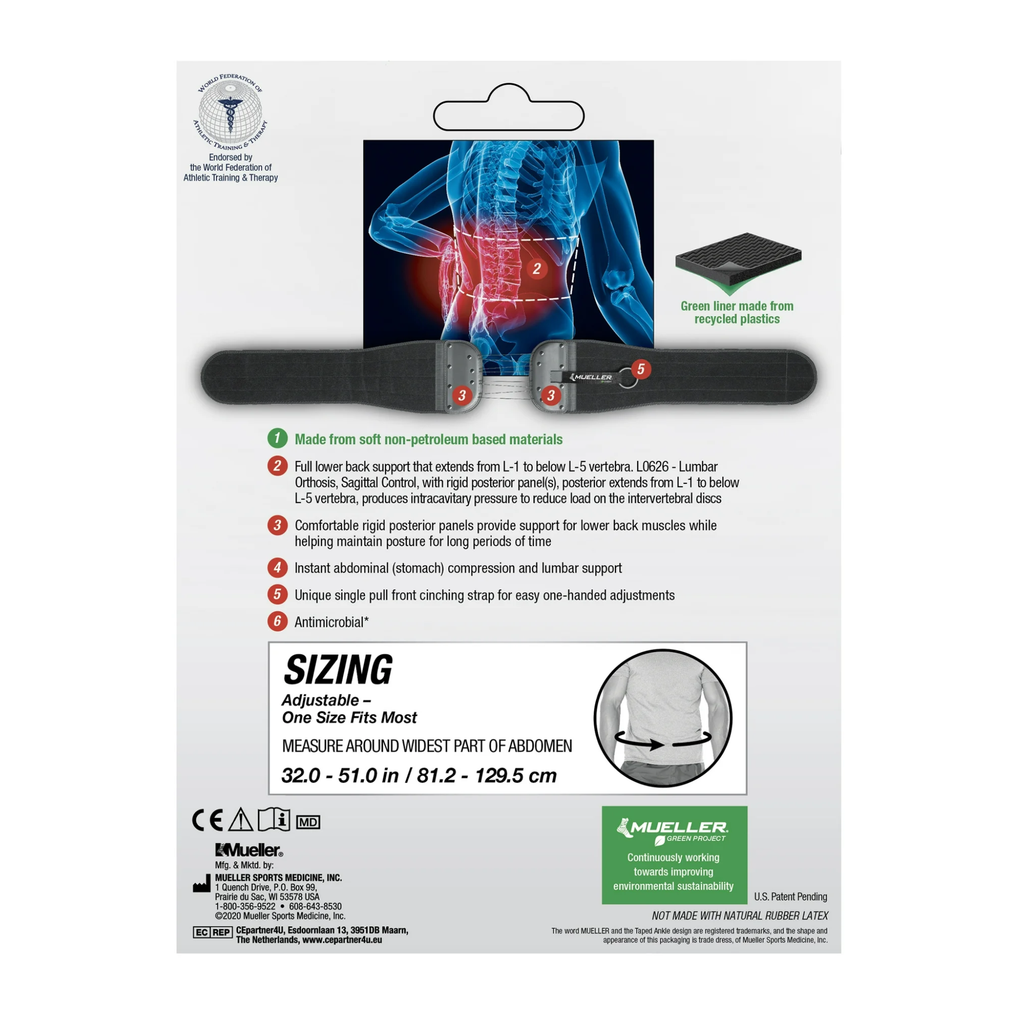 Mueller, Green Adjustable Back and Abdominal Support, Black, One Size Fits Most