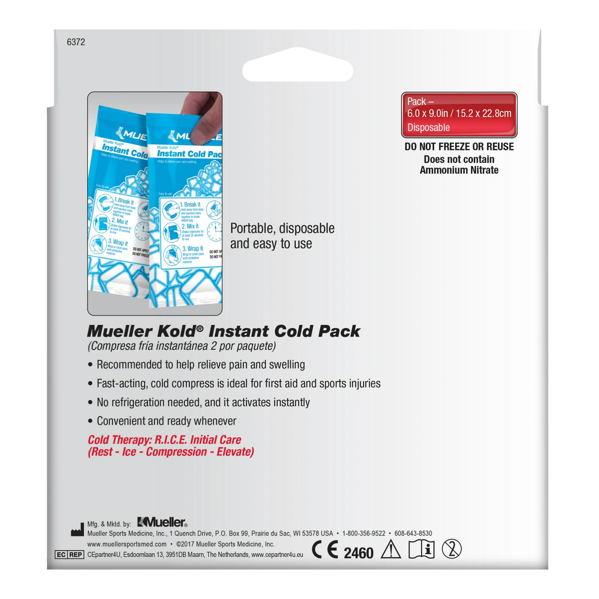 Mueller, Instant Cold Packs, Fast-Acting Cold Therapy for Pain Relief, 6" x 9", 2 Pack