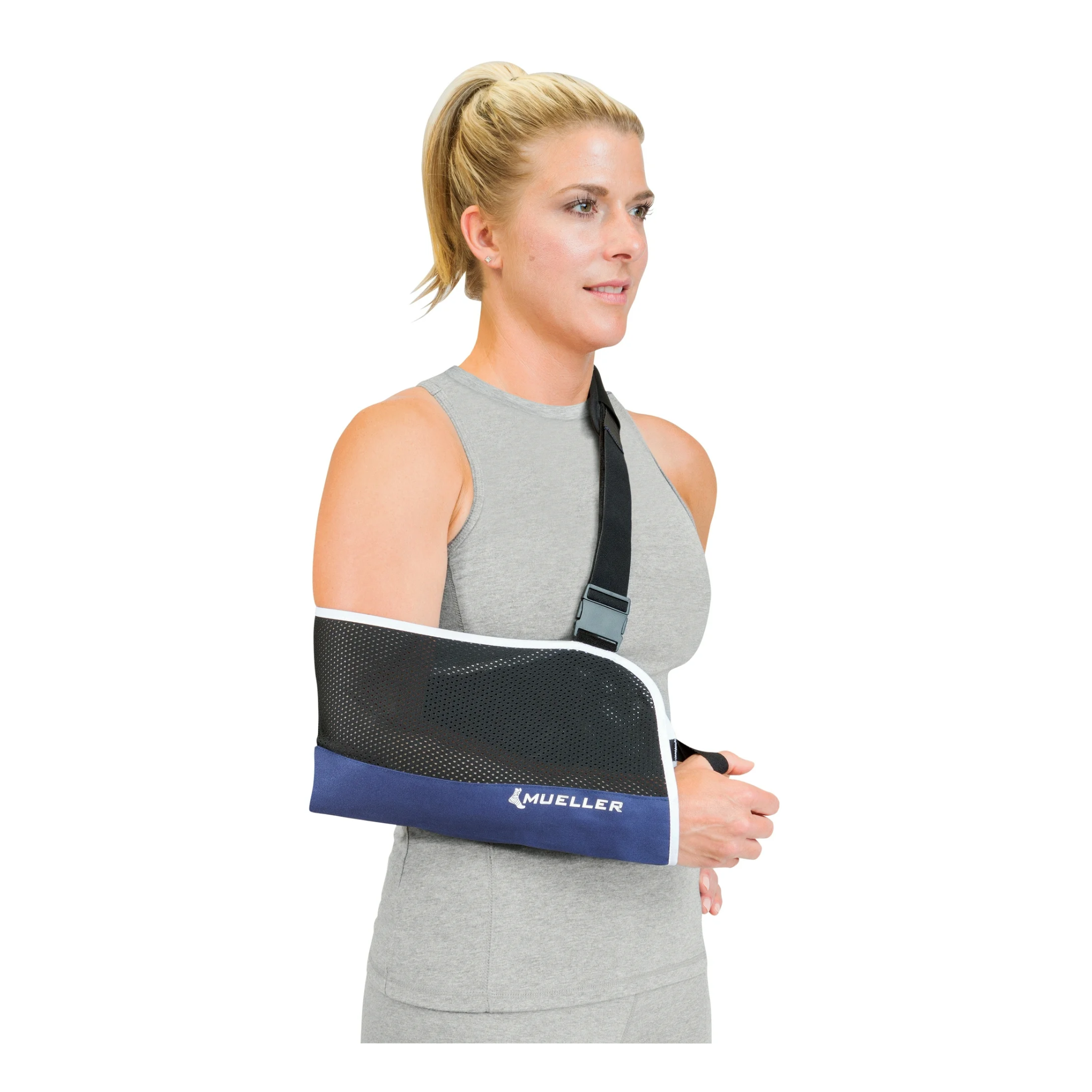 Mueller, Arm Sling with Mesh, Adjustable Support for Arm & Shoulder Stability, Blue/Black, One Size Fits Most