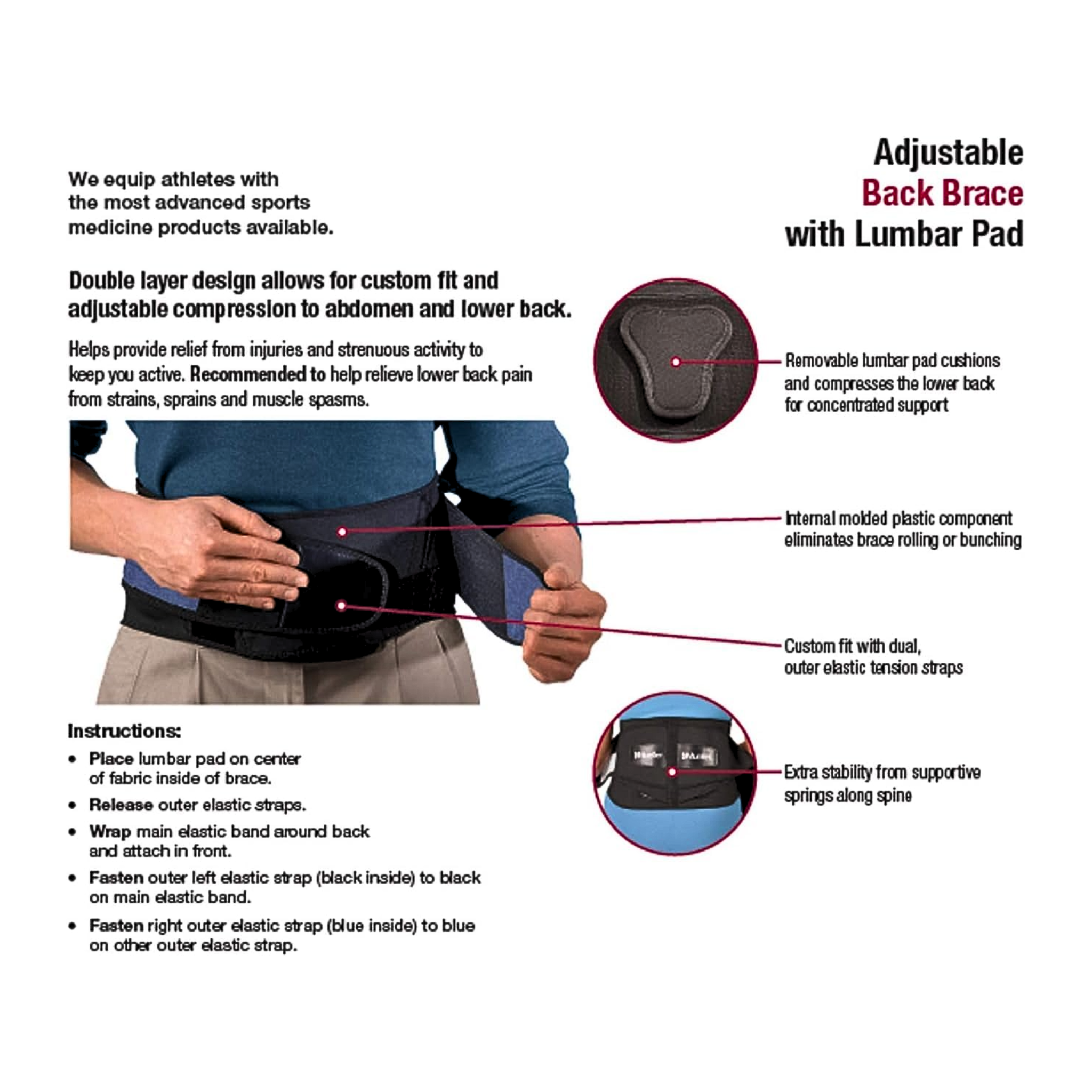 Mueller, Adjustable Lumbar Support Back Brace with Removable Pad, Black, Plus Size (50" - 70" Waist)