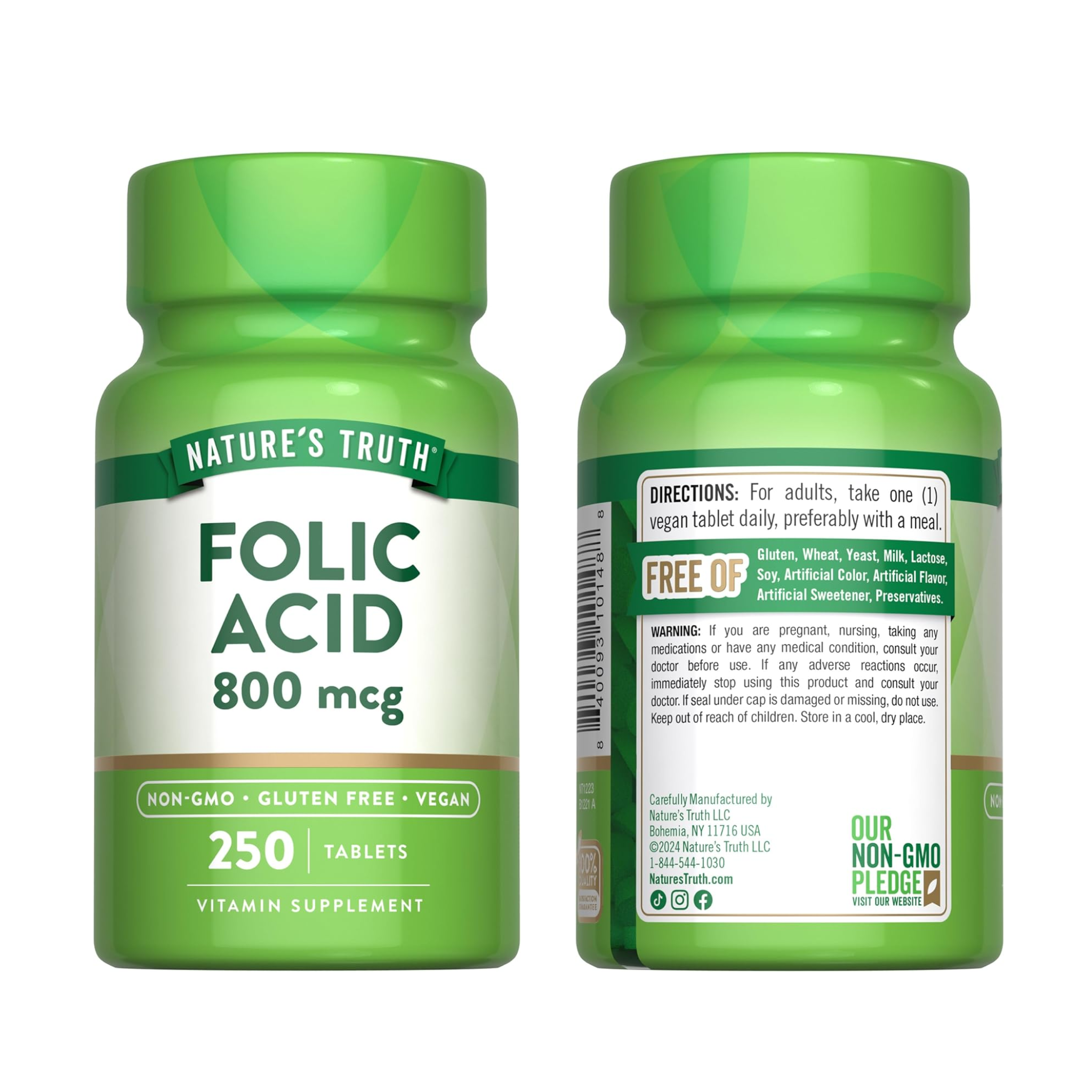 Nature's Truth, Folic Acid 800 mcg, Supports Prenatal and Heart Health with Essential Nutrient Support, 250 Vegetarian Tablets