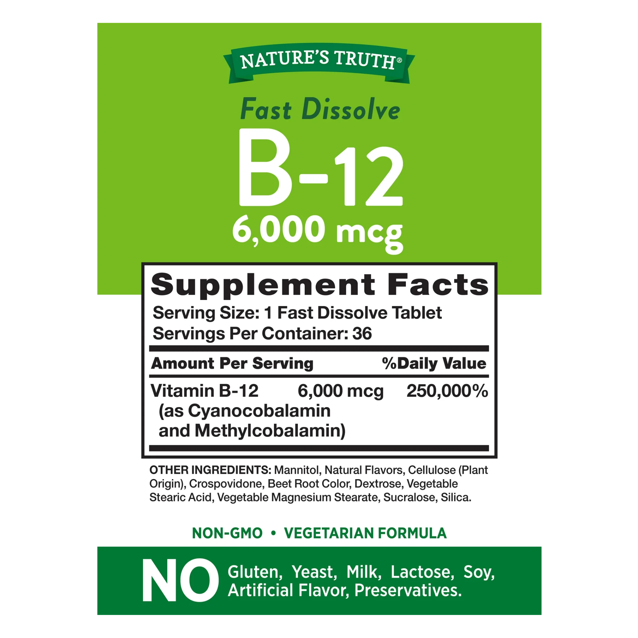 Nature's Truth, Vitamin B12, 6000 mcg, Fast Dissolve Tablets, Natural Berry Flavor, 36 Count, Supports Energy and Metabolism