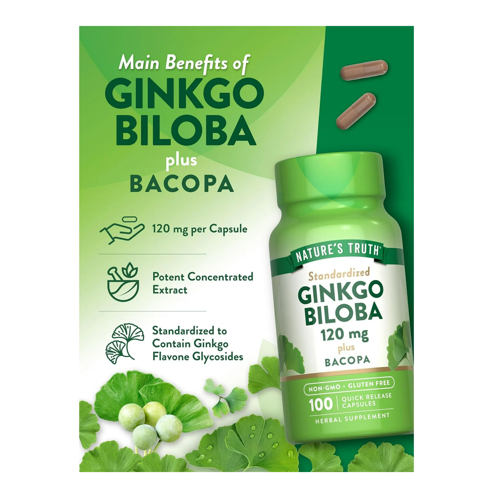 Nature's Truth, Standardized Extract Ginkgo Biloba Plus, Dietary Supplement for Brain Health, 100 Ct