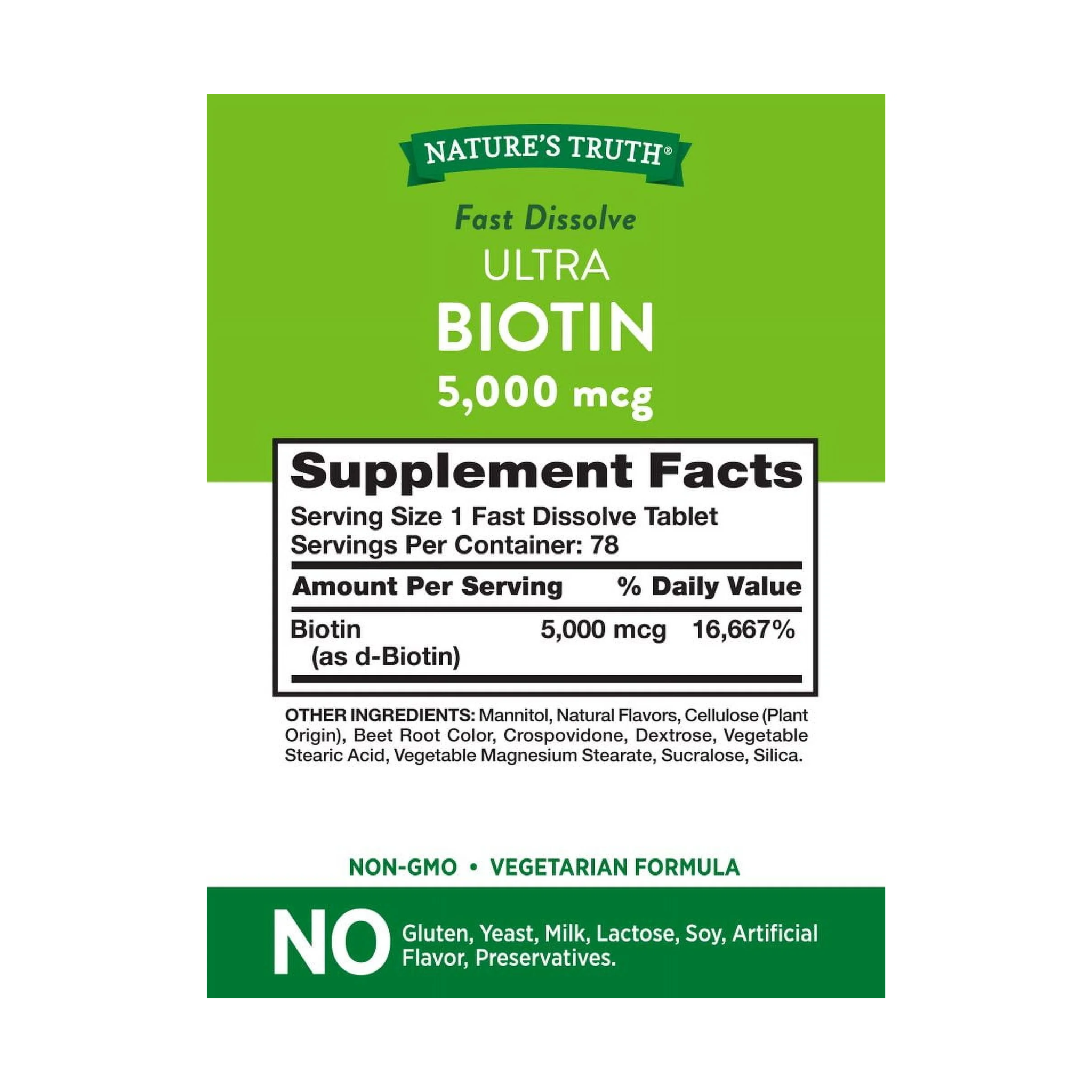 Nature's Truth, Ultra Biotin 5000 mcg, Fast Dissolve Tablets, Supports Hair, Skin & Nails, Berry Flavor, 78 Count