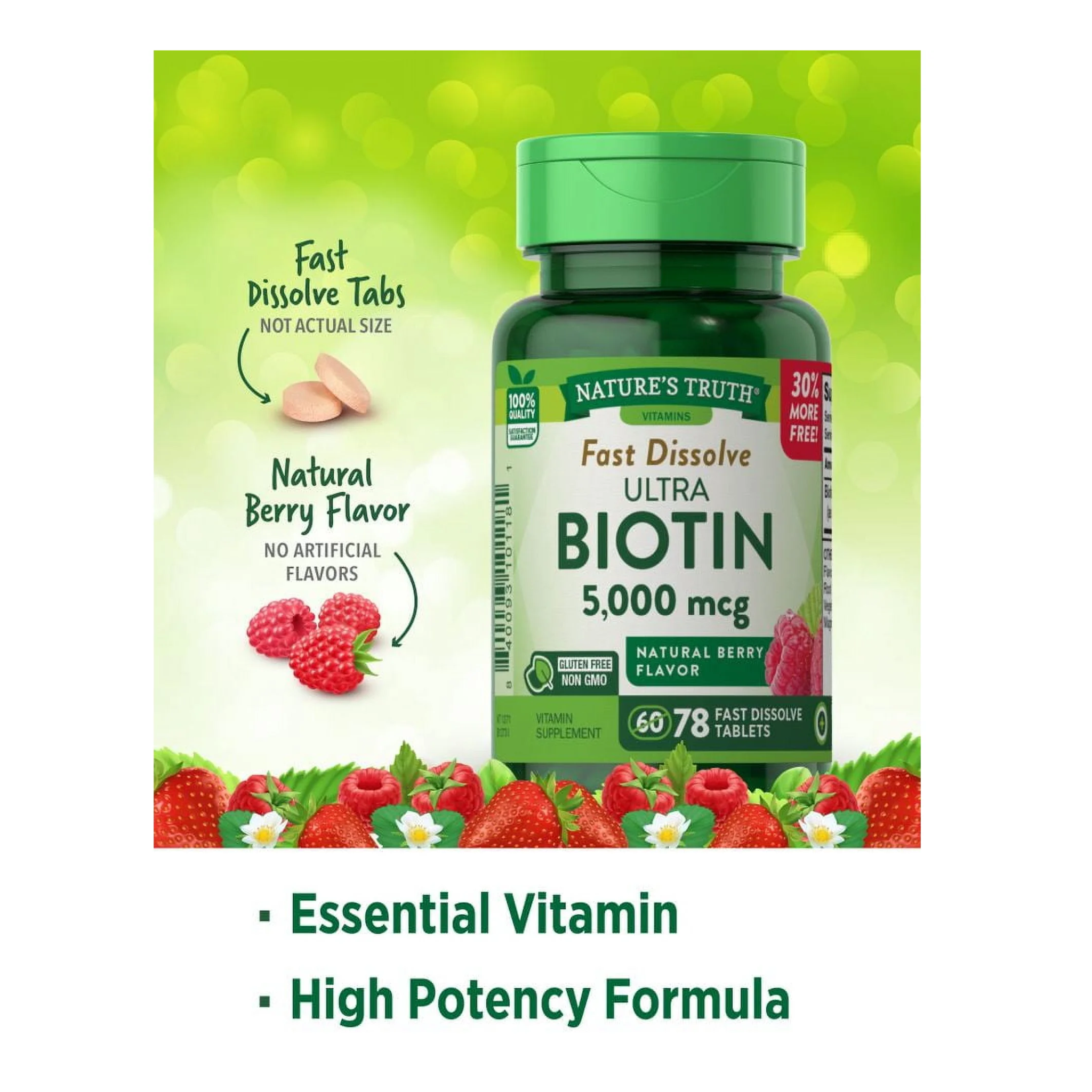 Nature's Truth, Ultra Biotin 5000 mcg, Fast Dissolve Tablets, Supports Hair, Skin & Nails, Berry Flavor, 78 Count