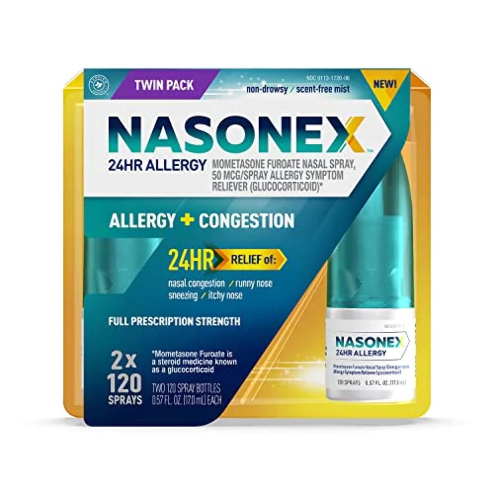 Nasonex 24HR Allergy Nasal Spray, 24 Hour Non Drowsy Allergy Medicine Twin Pack 2 x 120 spray