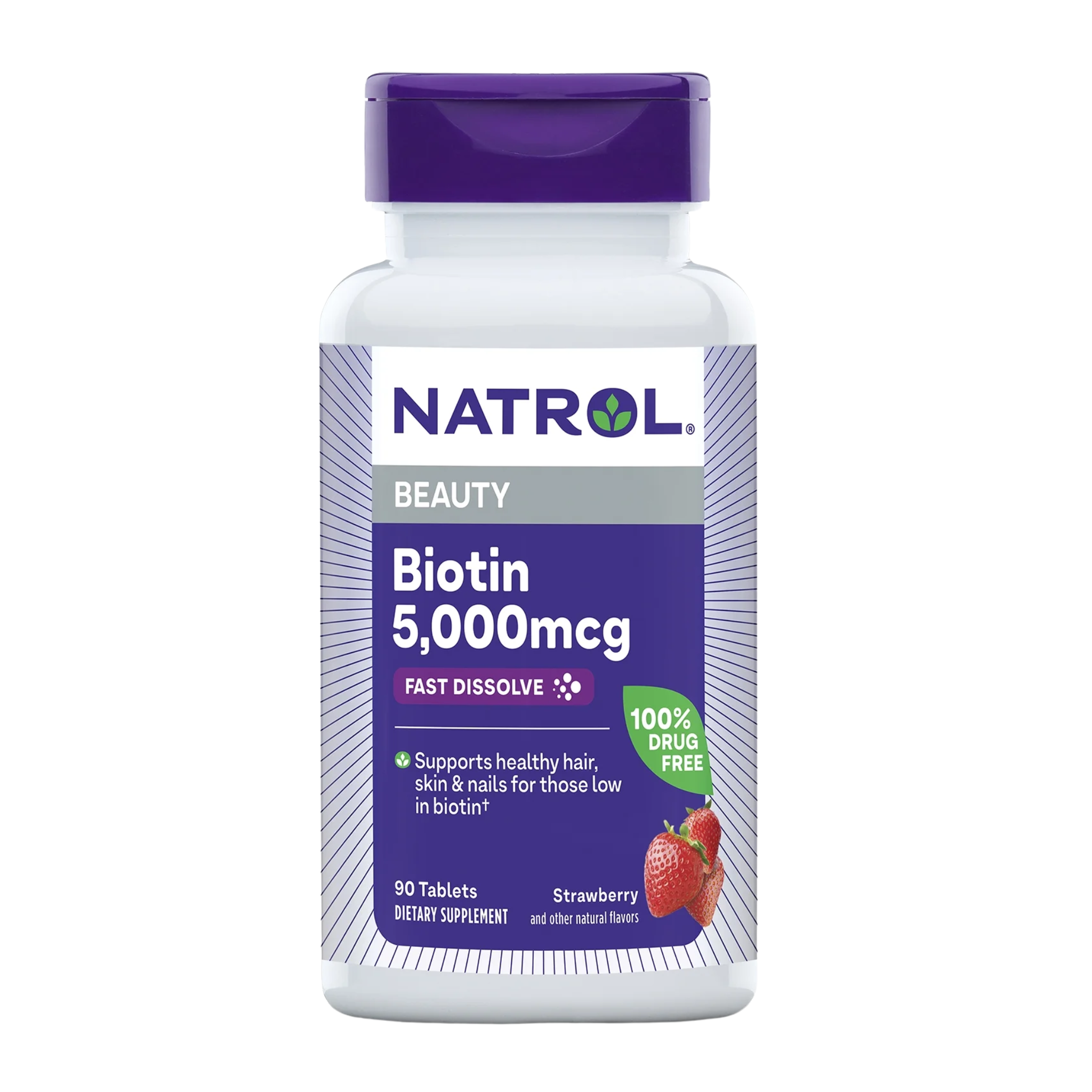 Natrol, Beauty Biotin, 5000 mcg, Supports Healthy Hair, Skin & Nails, Fast Dissolve, Strawberry Flavor, 90 Tablets