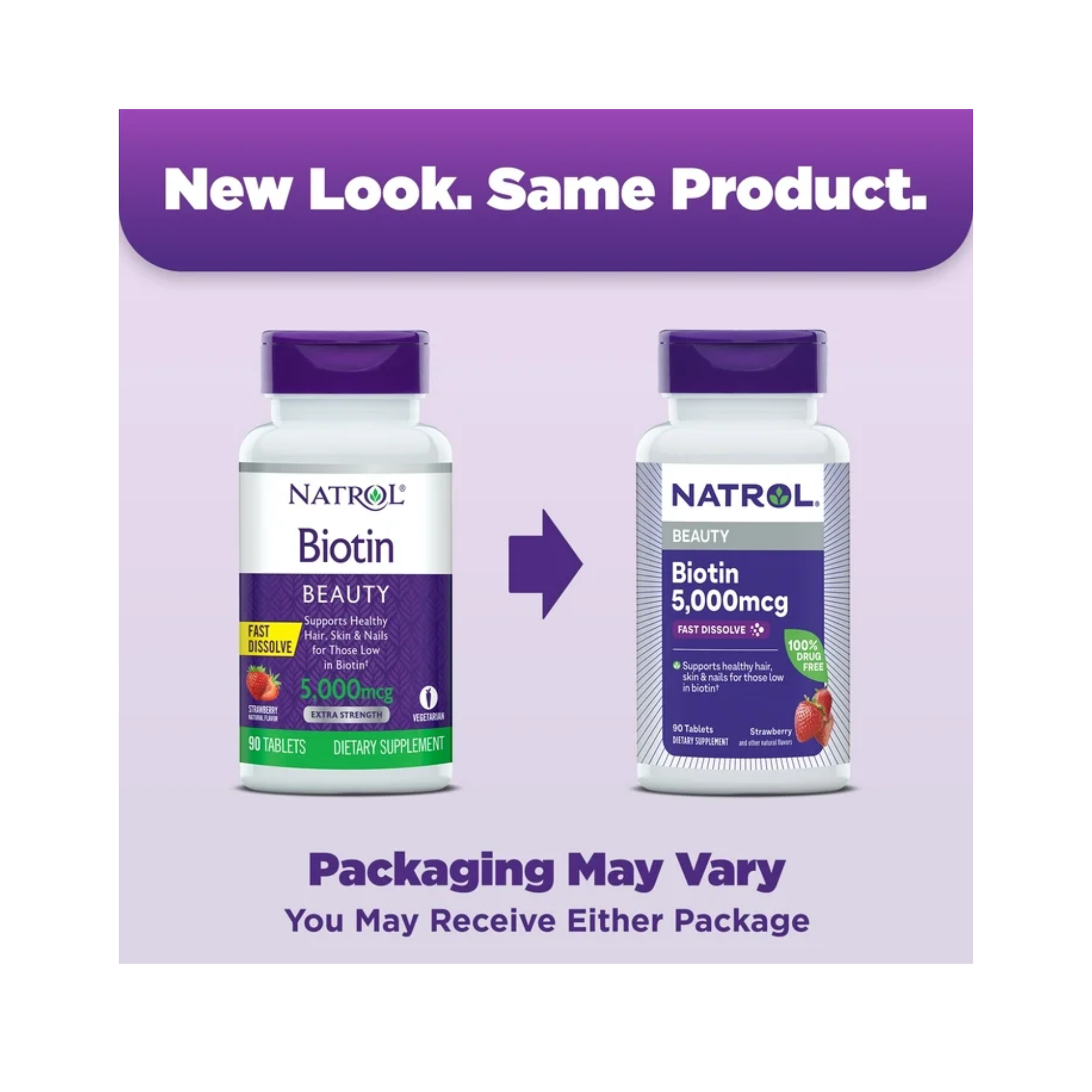 Natrol, Beauty Biotin, 5000 mcg, Supports Healthy Hair, Skin & Nails, Fast Dissolve, Strawberry Flavor, 90 Tablets