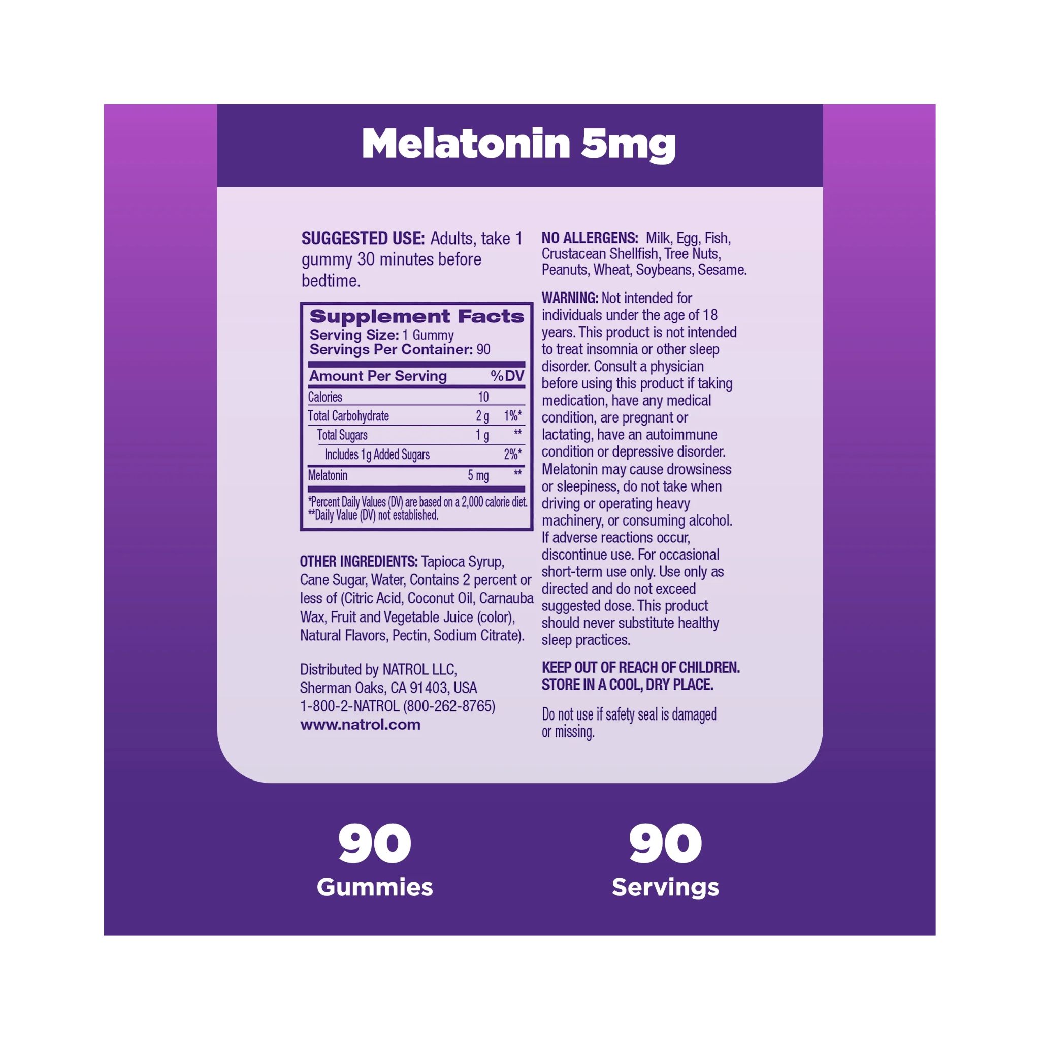 Natrol, Melatonin Gummies, 5mg Sleep Support Supplement, Strawberry Flavor, 90 Count