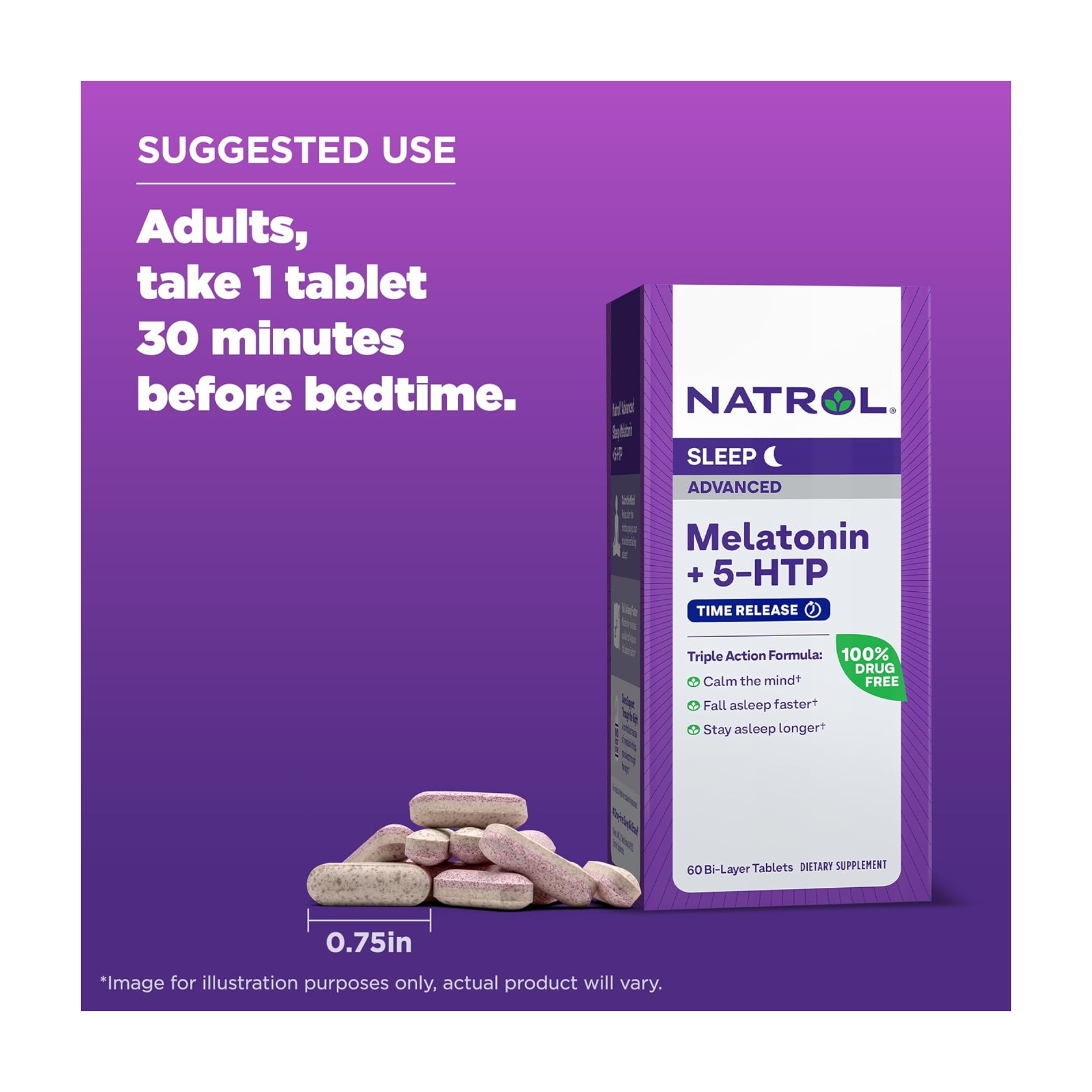 Natrol, Advanced Sleep Melatonin + 5-HTP Bi-Layer Tablets, Dual-Action Nighttime Support, 60 Count