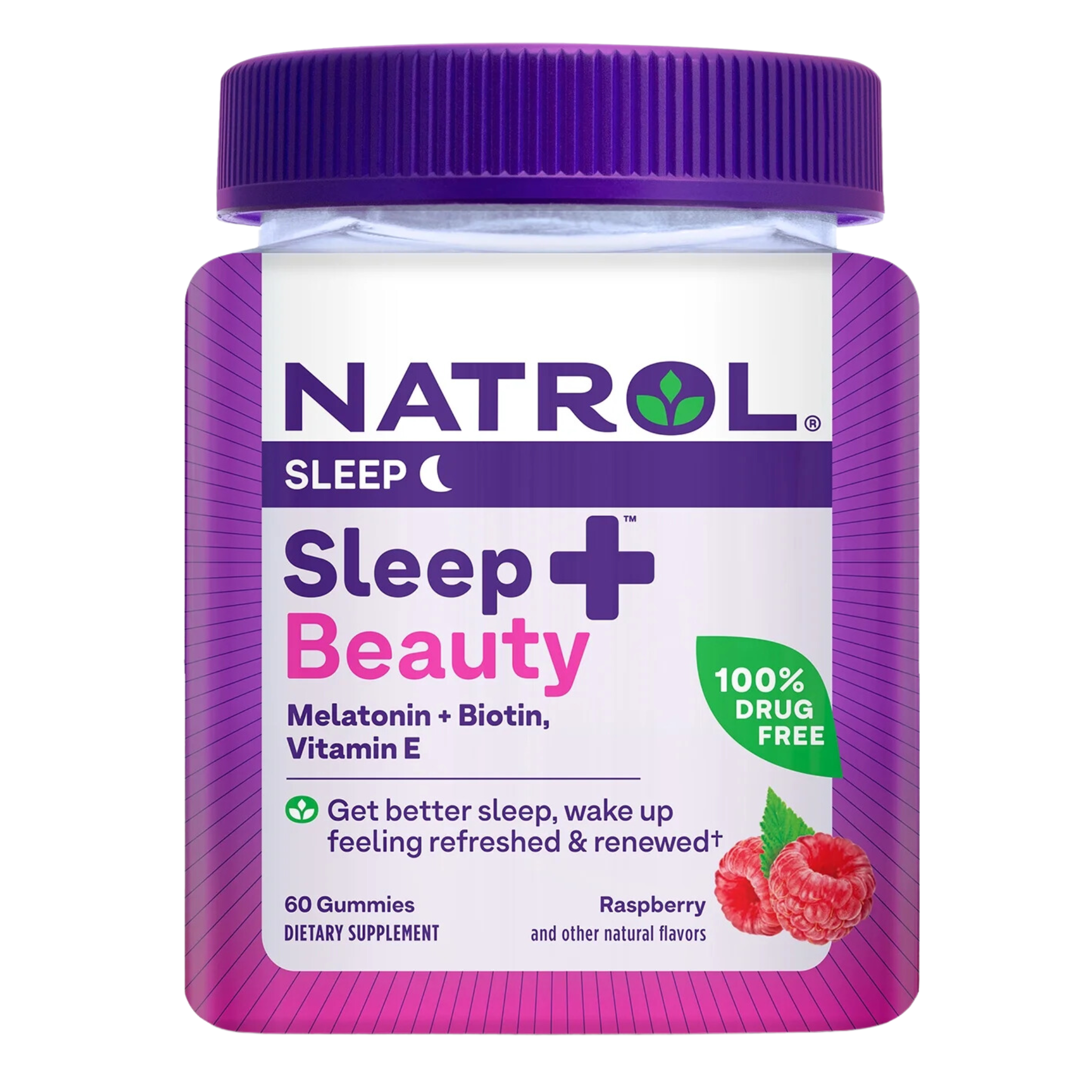 Natrol, Sleep+ Beauty, Drug-Free Sleep Aid Supplement, Supports Skin, Hair, and Nails with Biotin & Vitamin E, 60 Raspberry Flavored Gummies