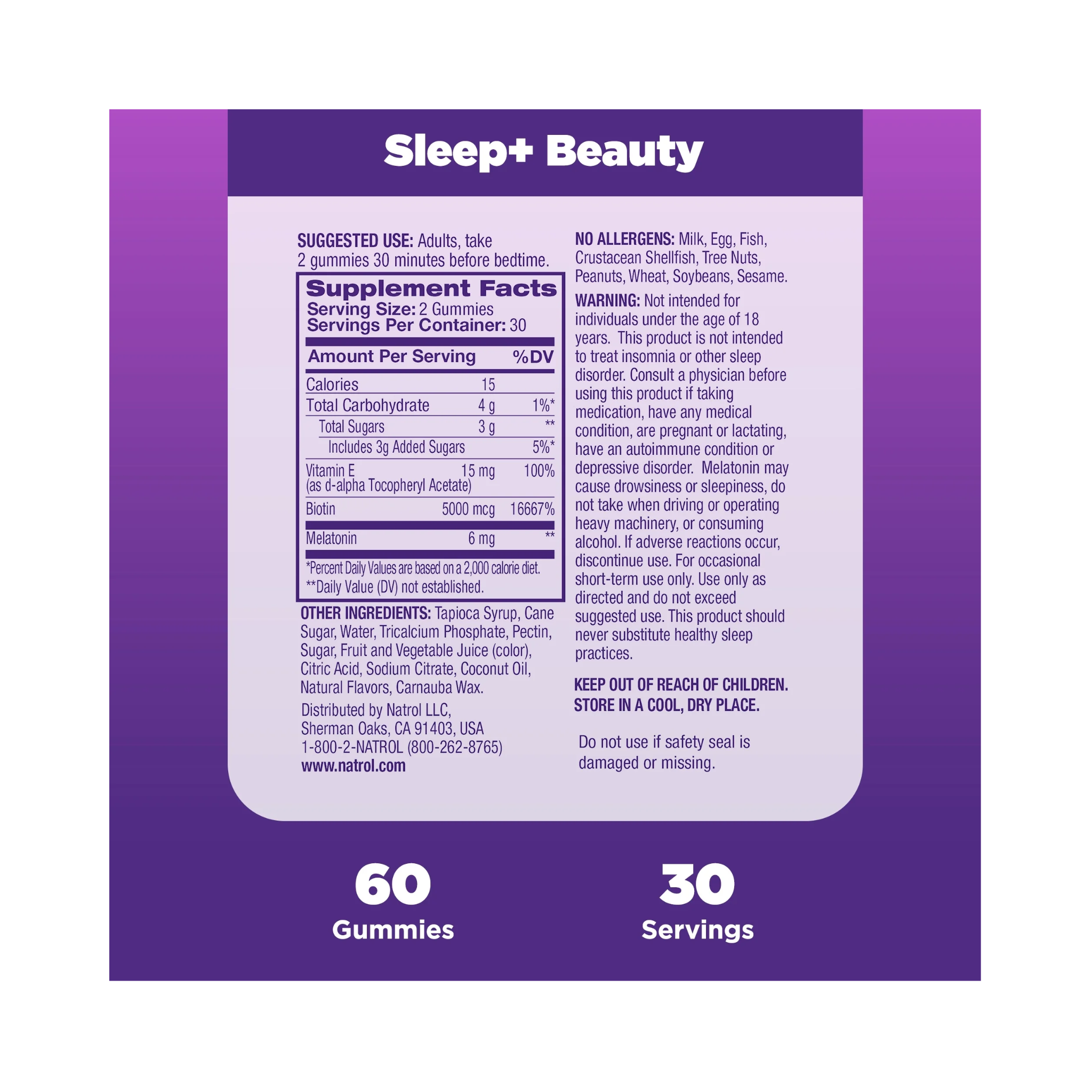 Natrol, Sleep+ Beauty, Drug-Free Sleep Aid Supplement, Supports Skin, Hair, and Nails with Biotin & Vitamin E, 60 Raspberry Flavored Gummies