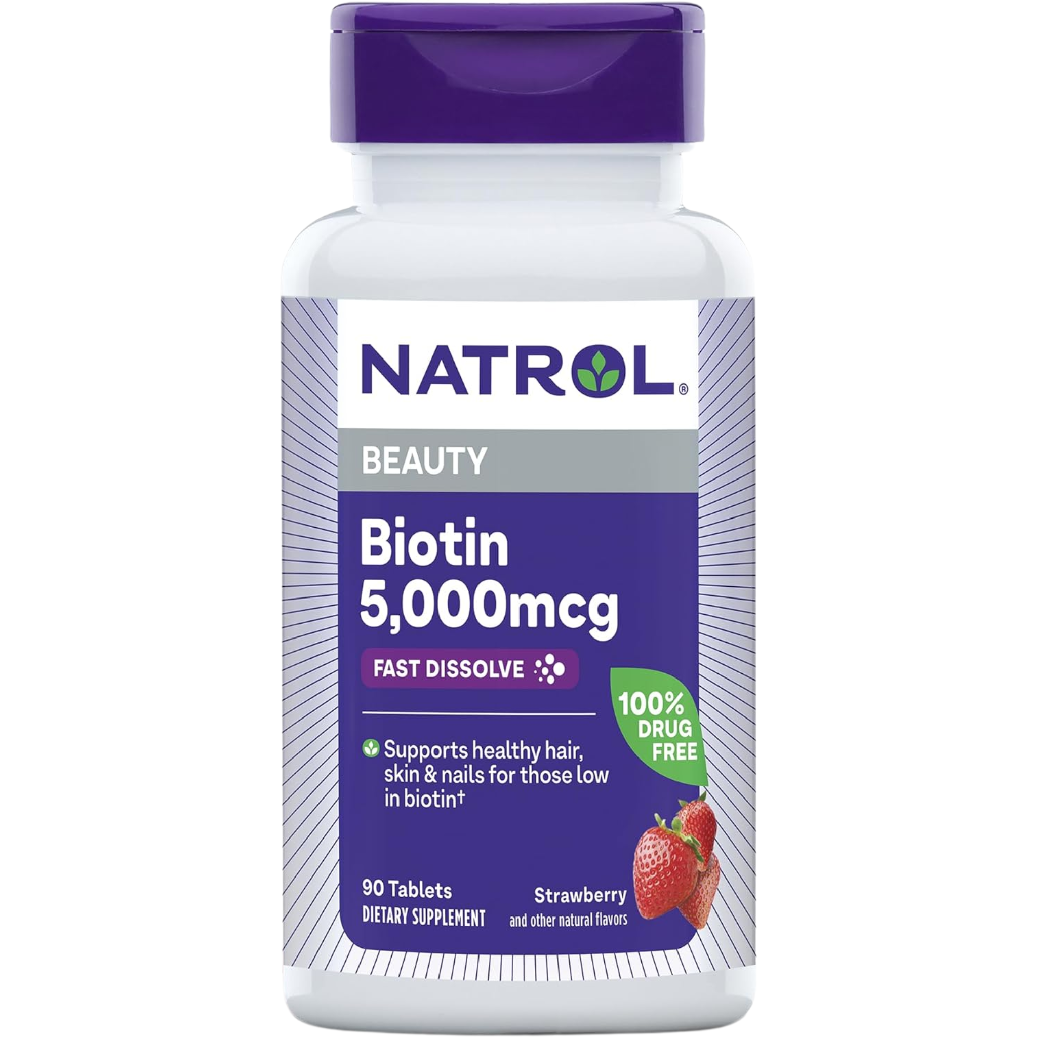 Natrol, Beauty Biotin 5000mcg Fast Dissolve, Supports Hair, Skin, Nails, Energy Metabolism, Strawberry Flavor Supplement, 90 Tablets (Pack of 12)