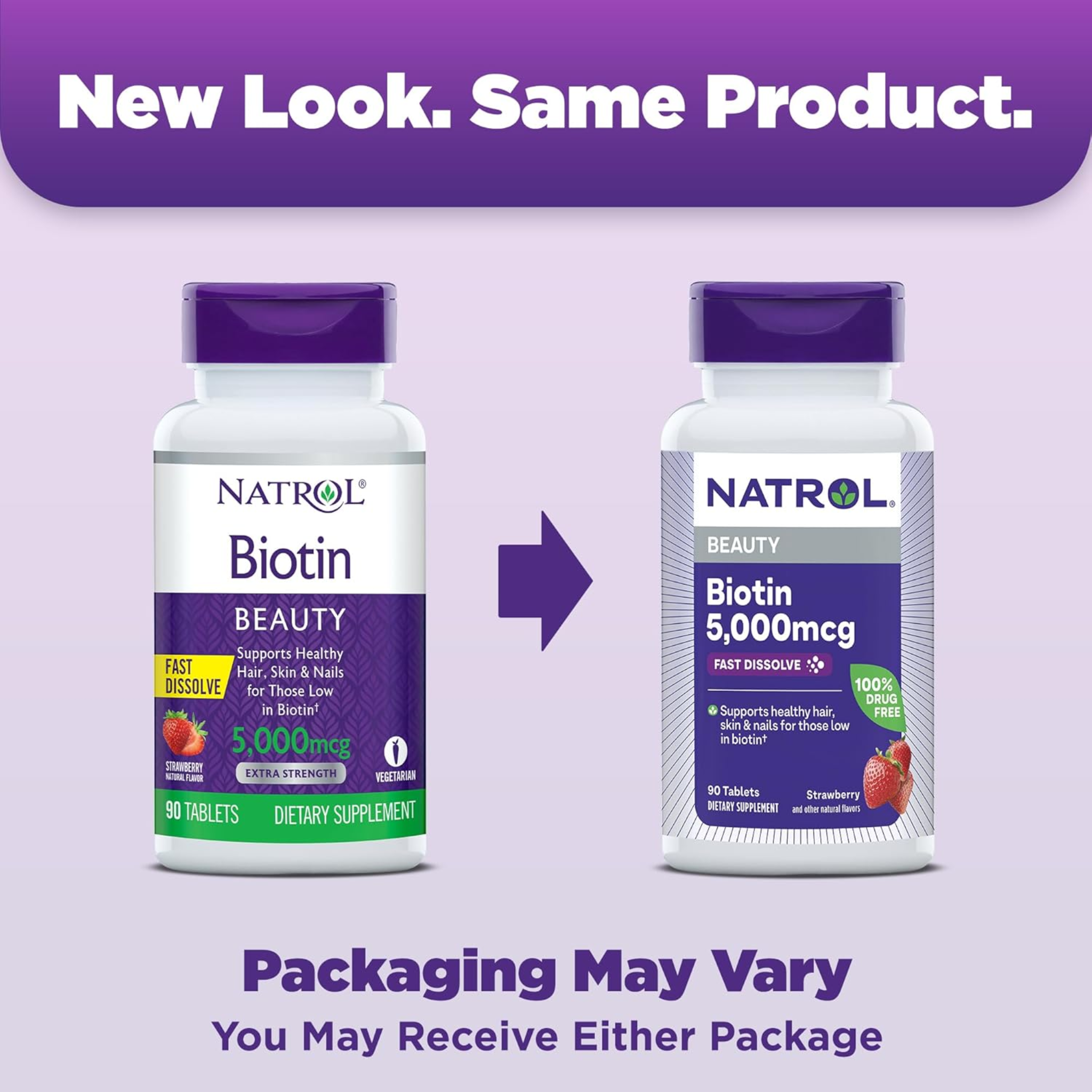 Natrol, Beauty Biotin 5000mcg Fast Dissolve, Supports Hair, Skin, Nails, Energy Metabolism, Strawberry Flavor Supplement, 90 Tablets (Pack of 12)