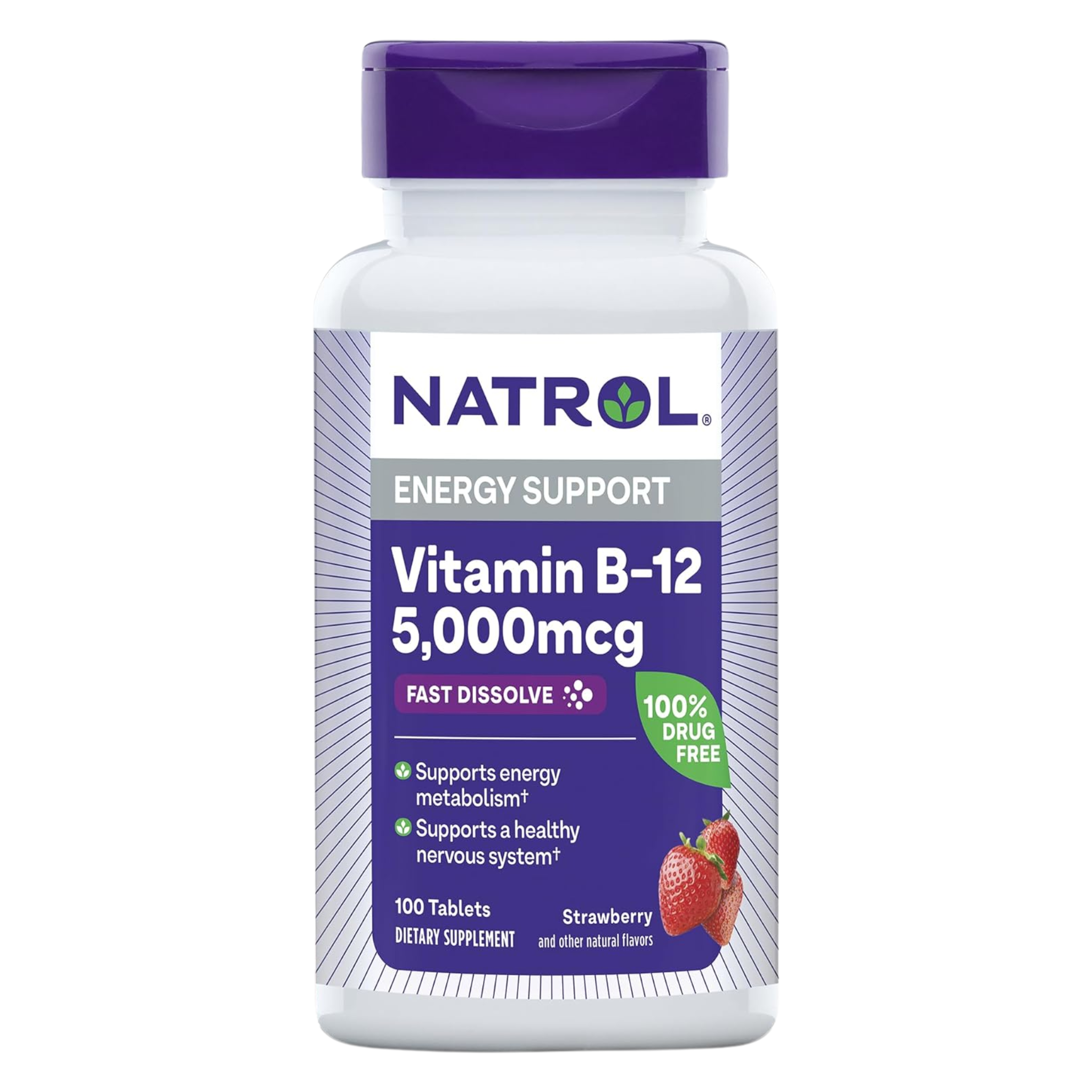 Natrol, Vitamin B12 Fast Dissolve Tablets, Energy Support, Nervous System Health, Maximum Strength, Strawberry Flavor, Quick-Absorbing Formula, 5,000 mcg, 100 Count (Pack of 12)