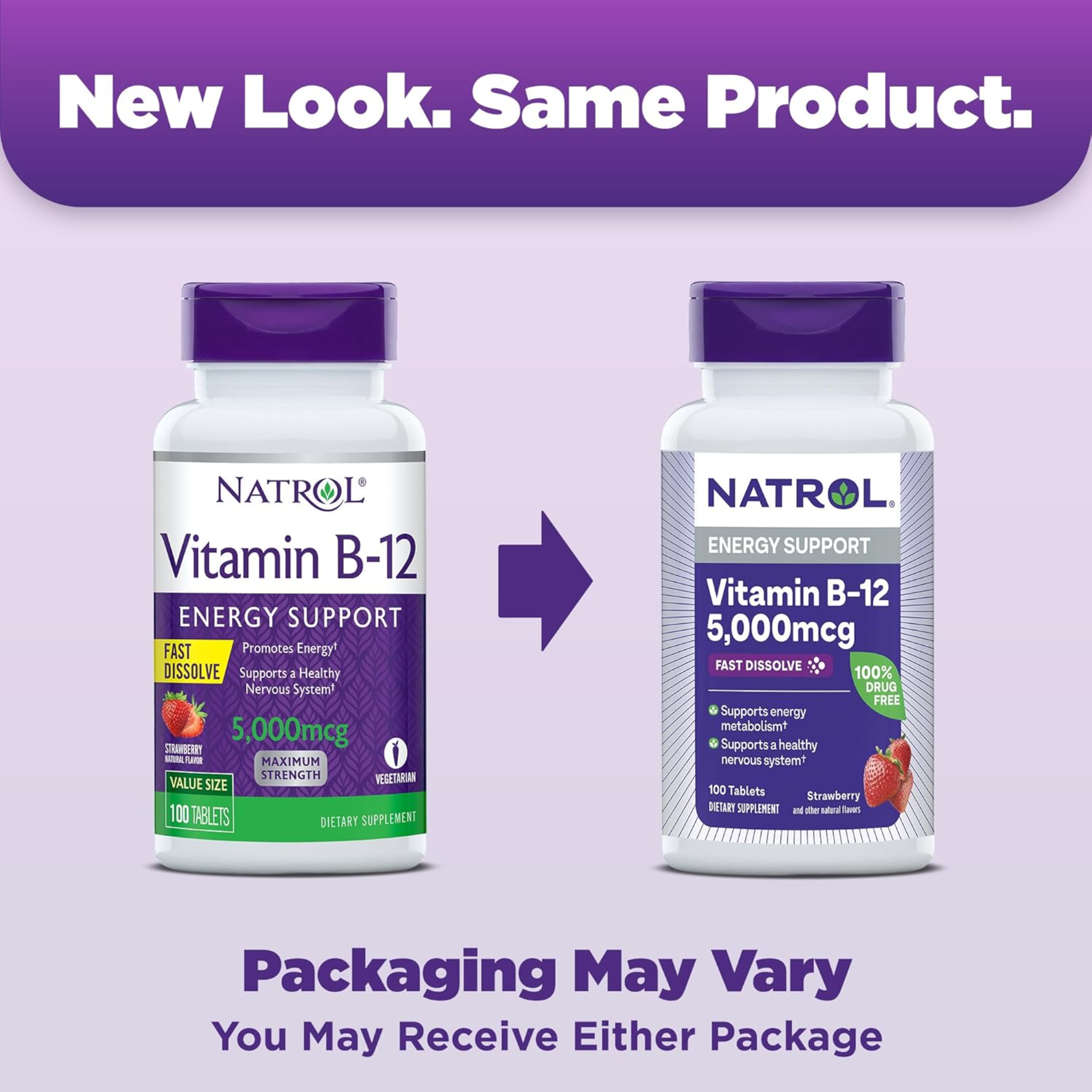 Natrol, Vitamin B12 Fast Dissolve Tablets, Energy Support, Nervous System Health, Maximum Strength, Strawberry Flavor, Quick-Absorbing Formula, 5,000 mcg, 100 Count (Pack of 12)