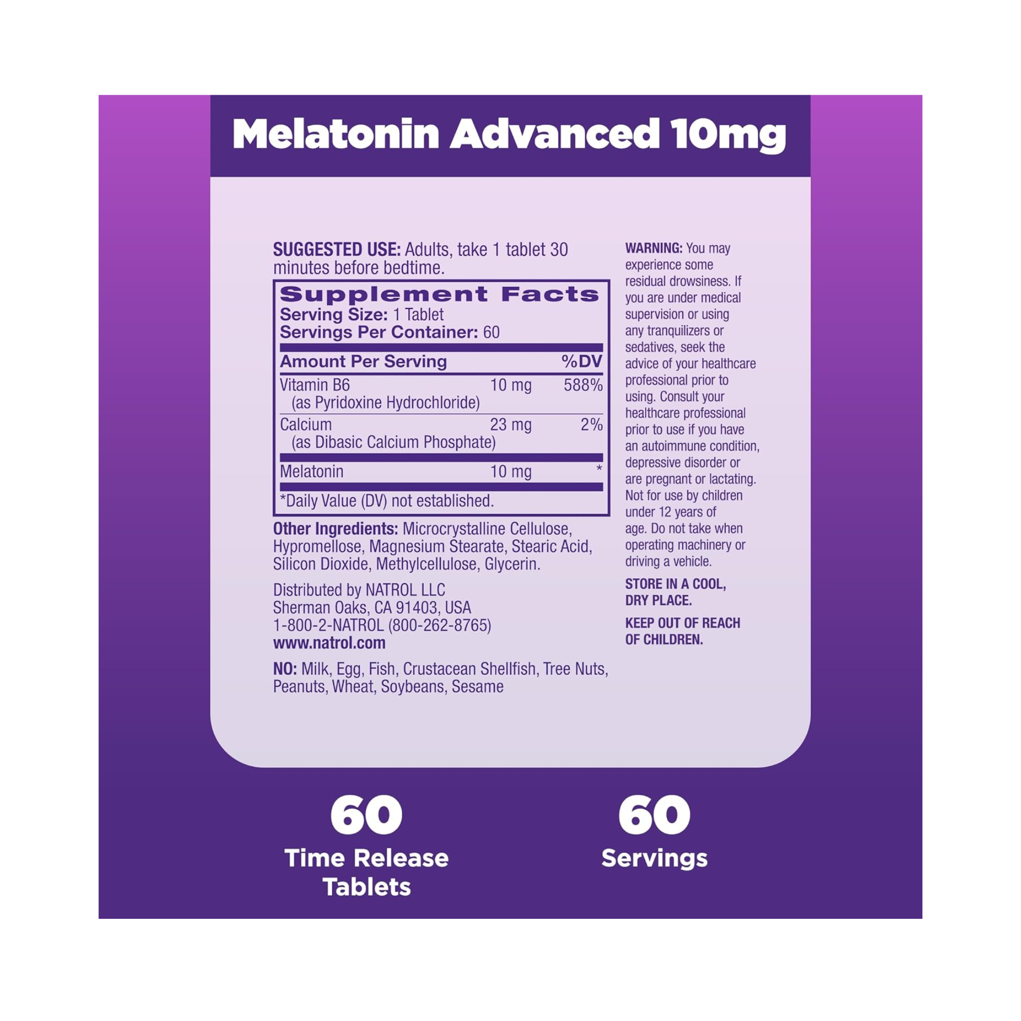 Natrol, Advanced Sleep Melatonin Time Release Tablets, 10mg Nighttime Support, 60 Count