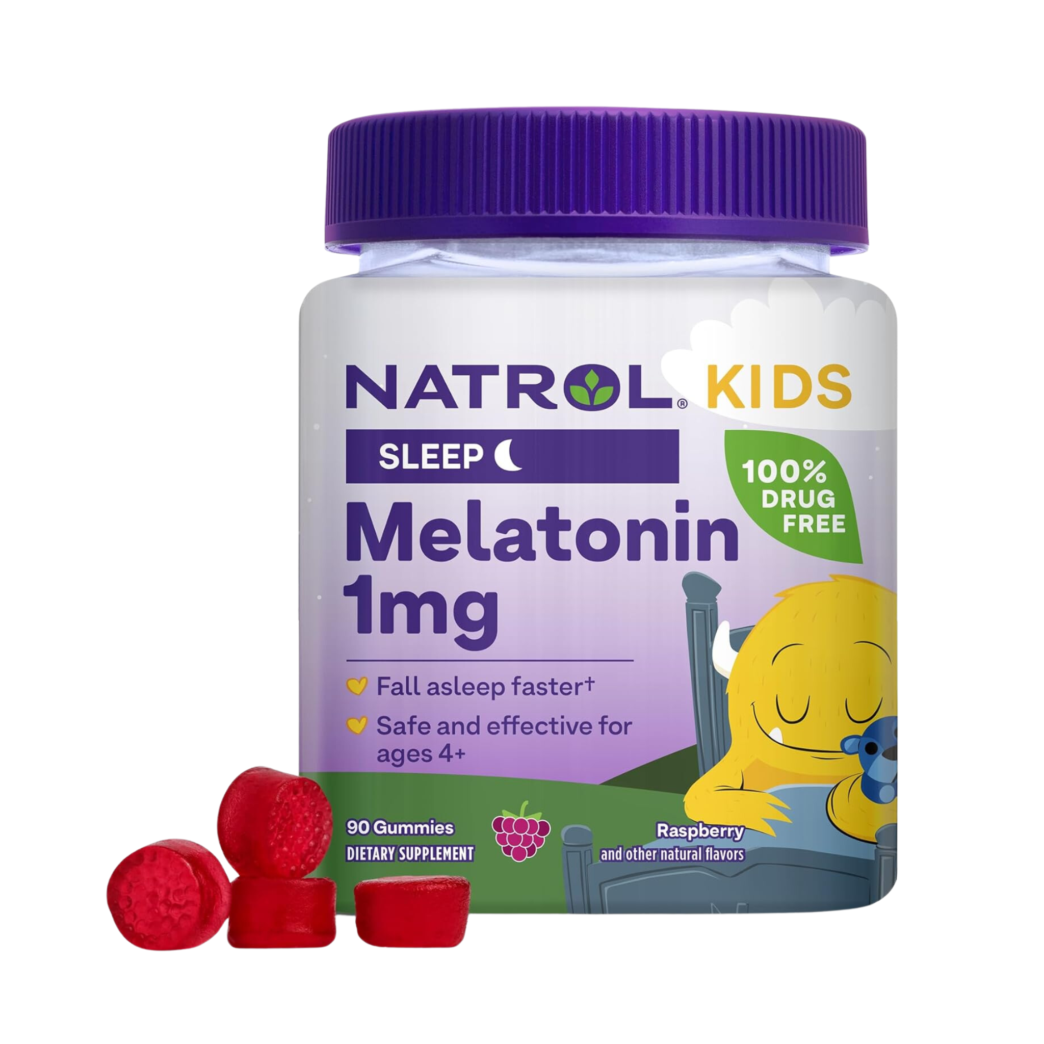 Natrol, Kids Melatonin Gummies, 1mg Sleep Support, Raspberry Flavor, 90 Count