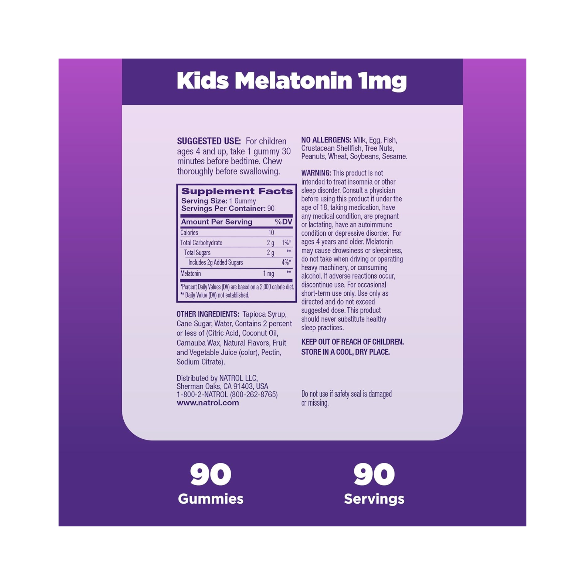 Natrol, Kids Melatonin Gummies, 1mg Sleep Support, Raspberry Flavor, 90 Count