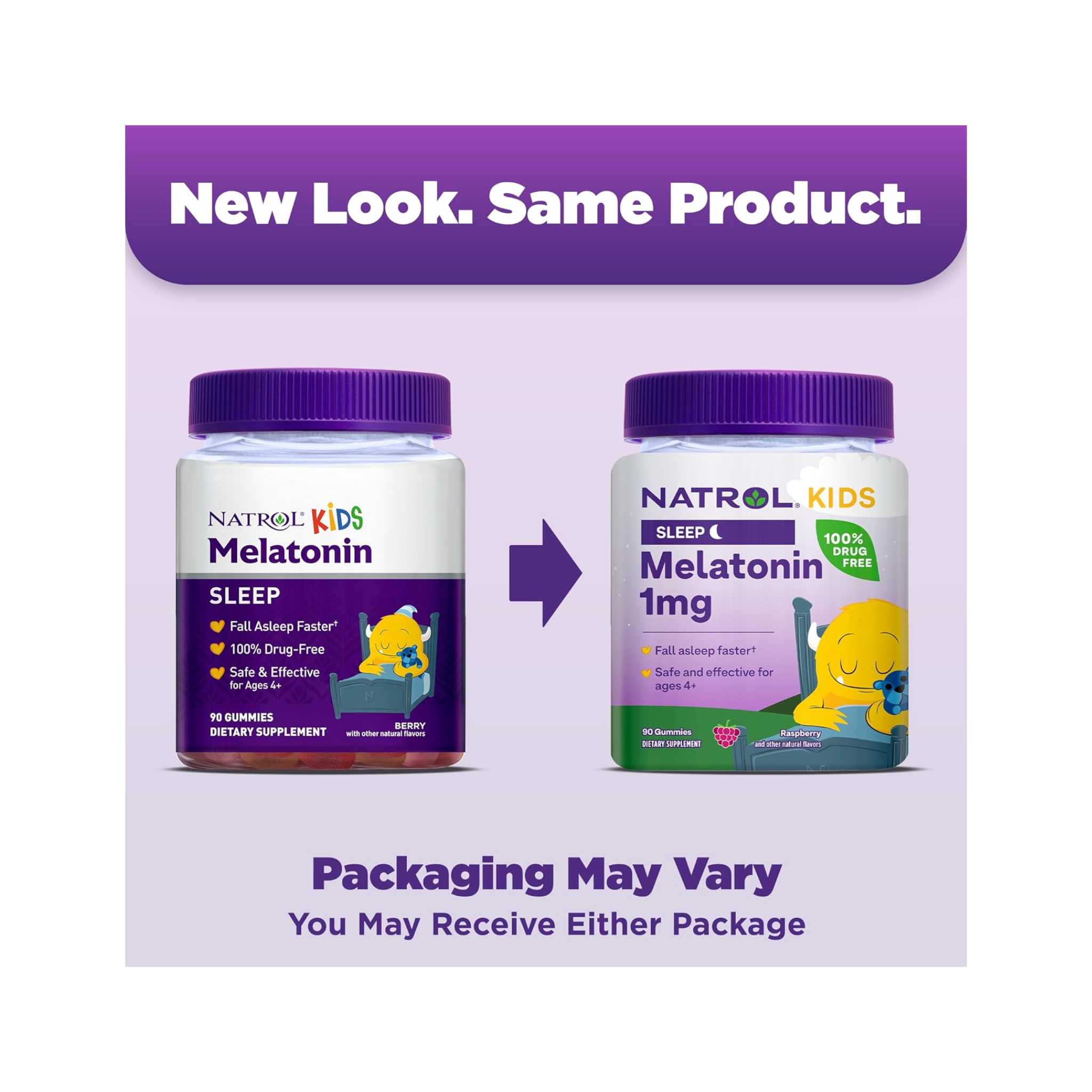 Natrol, Kids Melatonin Gummies, 1mg Sleep Support, Raspberry Flavor, 90 Count