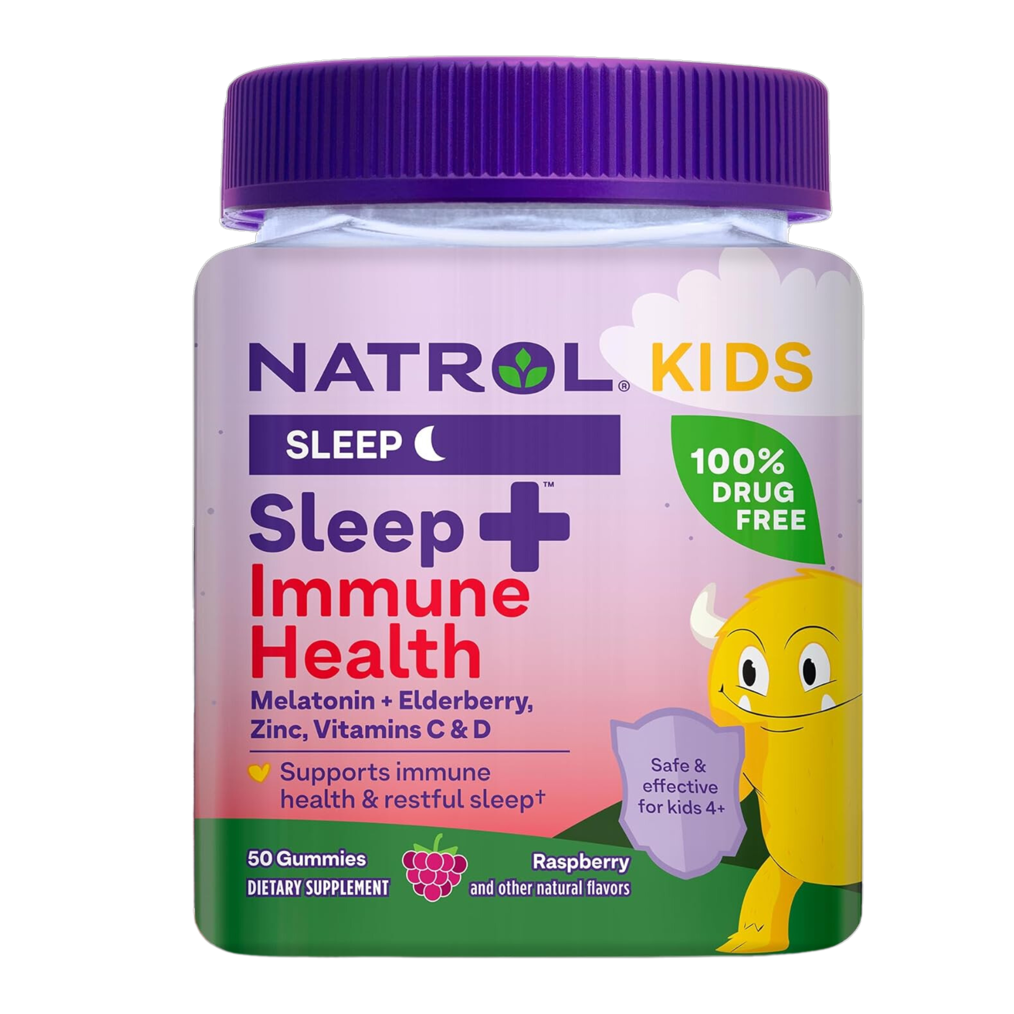 Natrol, Kids Sleep+ Immune Health Gummies, Melatonin, Zinc, Vitamin C & D, Elderberry, Raspberry Flavor, 50 Count