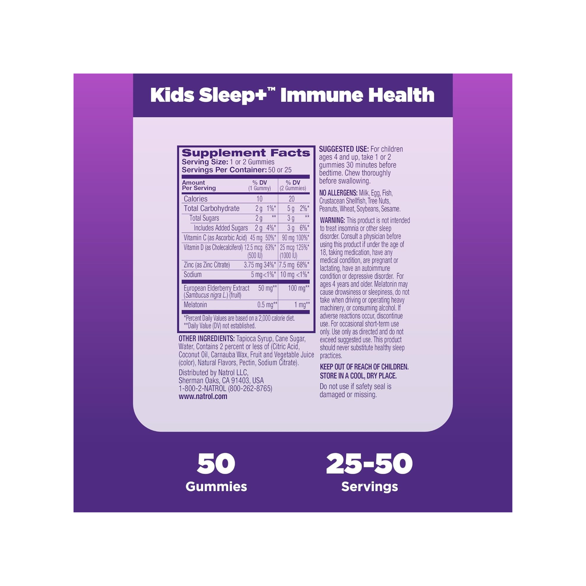 Natrol, Kids Sleep+ Immune Health Gummies, Melatonin, Zinc, Vitamin C & D, Elderberry, Raspberry Flavor, 50 Count