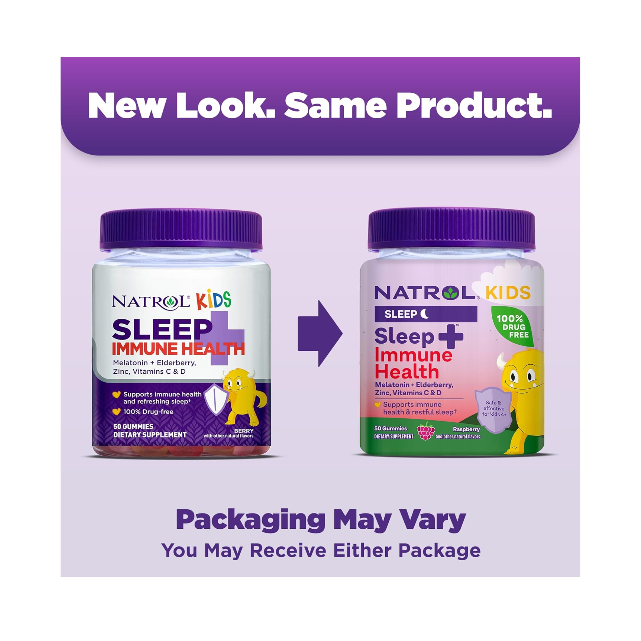 Natrol, Kids Sleep+ Immune Health Gummies, Melatonin, Zinc, Vitamin C & D, Elderberry, Raspberry Flavor, 50 Count