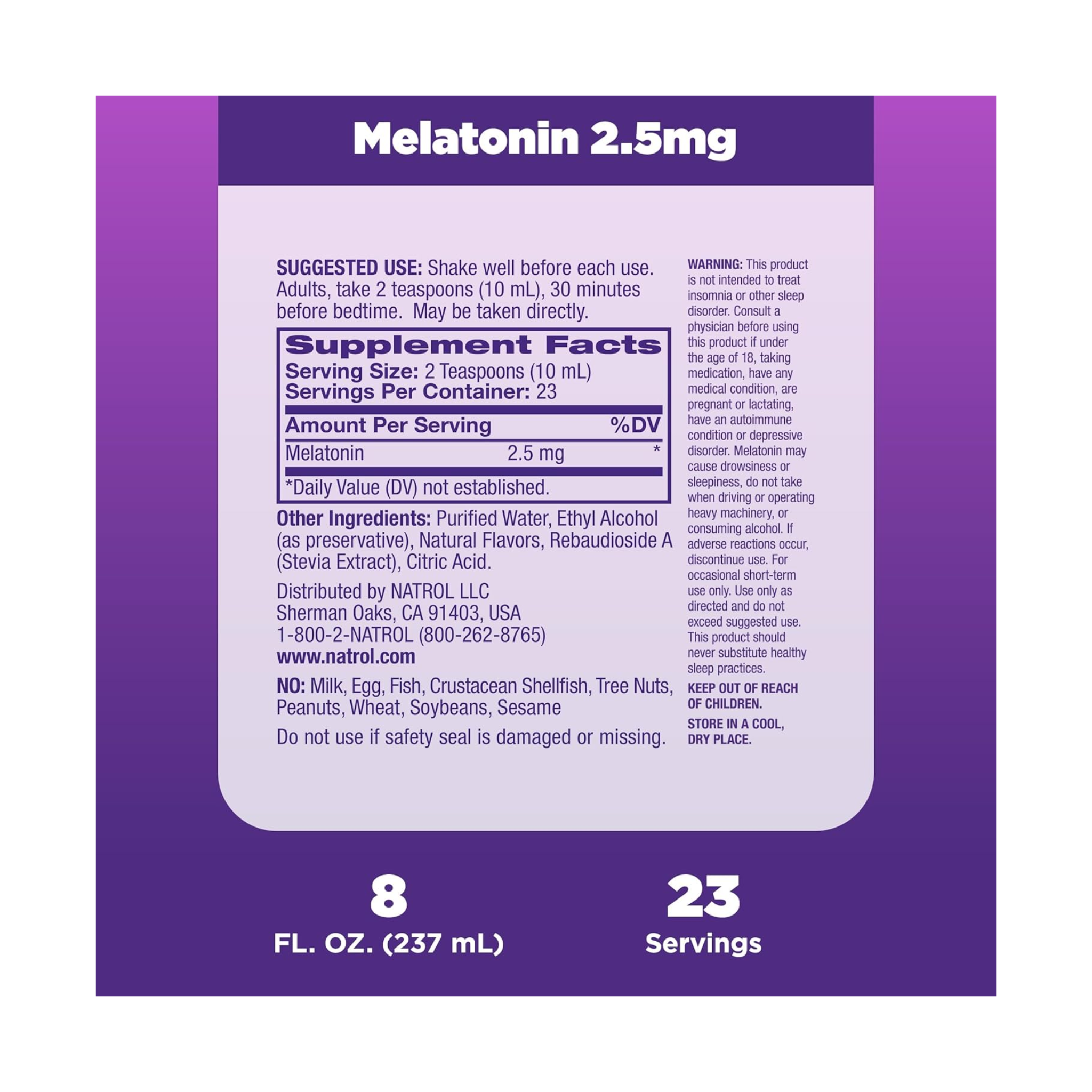 Natrol, Liquid Melatonin, 2.5mg Sleep Support, Berry Flavor, 8 fl oz