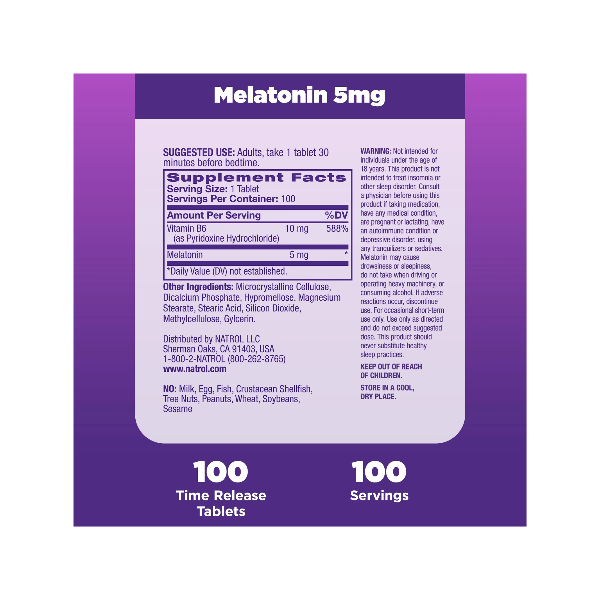 Natrol, Melatonin Time Release Tablets, 5mg Nighttime Sleep Support, 100 Count