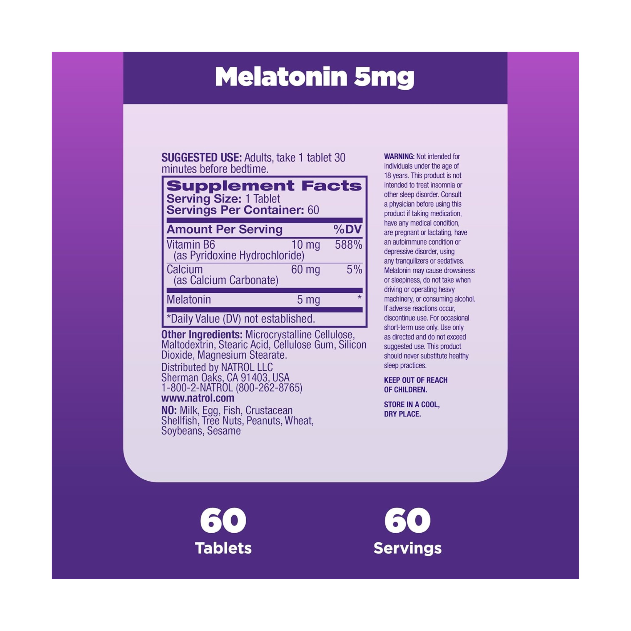 Natrol, Melatonin Tablets, 5mg Nighttime Sleep Support, 60 Count