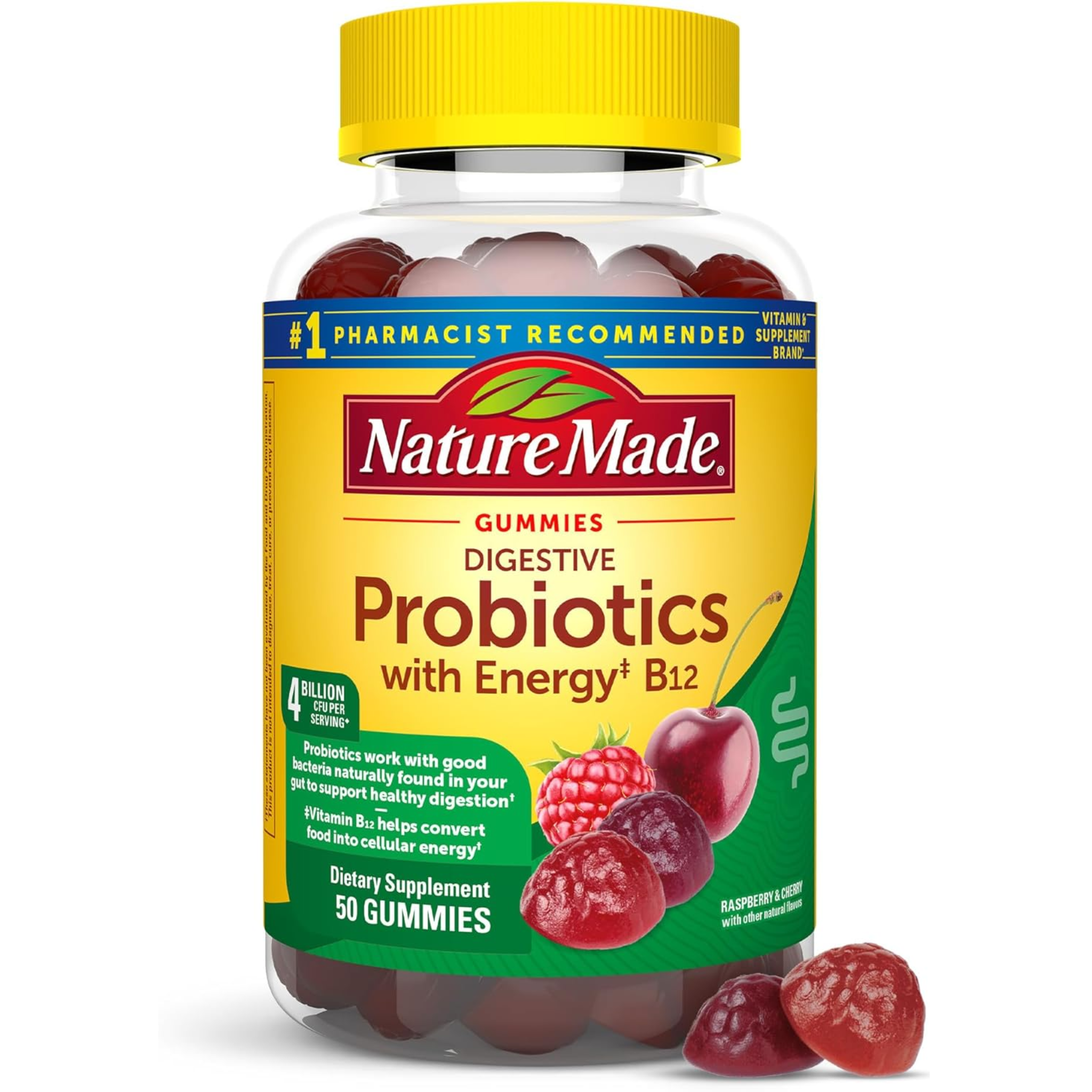 Nature Made, Digestive Probiotics & Energy B12 Gummies, Gut & Energy Support, 50 Gummies, 25-Day Supply