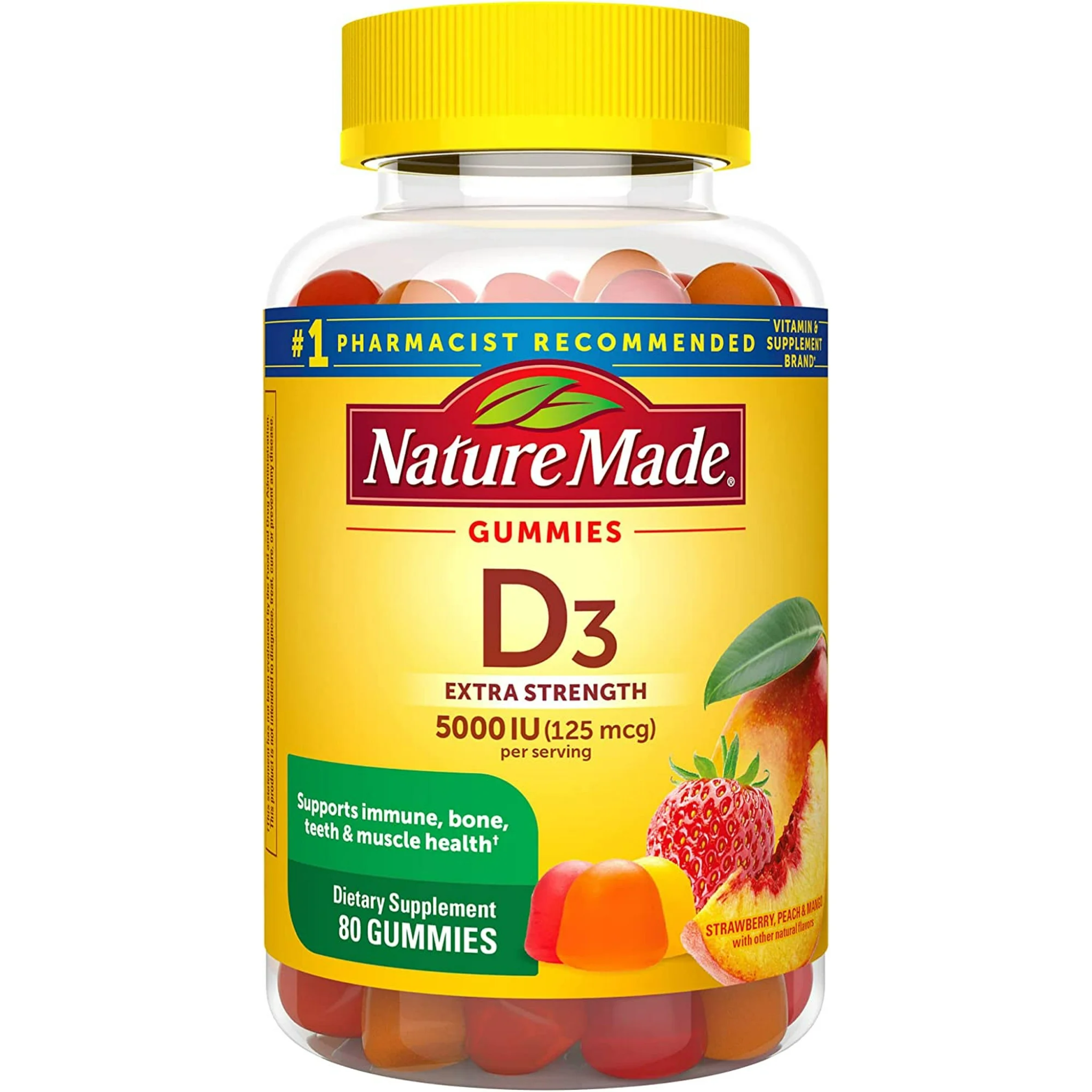 Nature Made, Extra Strength Vitamin D3 5000 IU, Bone, Teeth, Muscle, and Immune Health Support, Tasty Gummies, 80 Count