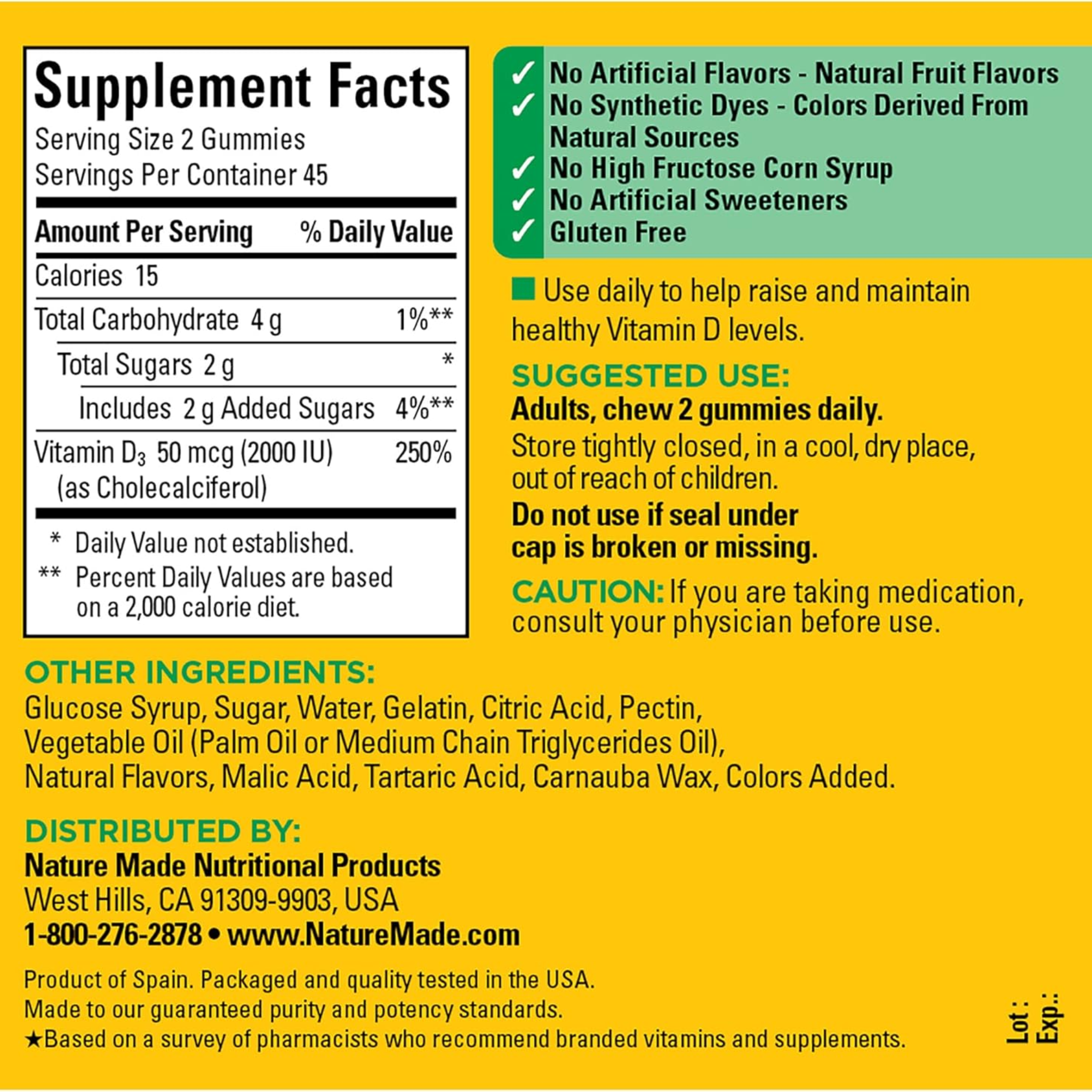 Nature Made, Vitamin D3 2000 IU, Bone, Teeth, Muscle, and Immune Health Support, Tasty Gummies, 90 Count - Pharmaful