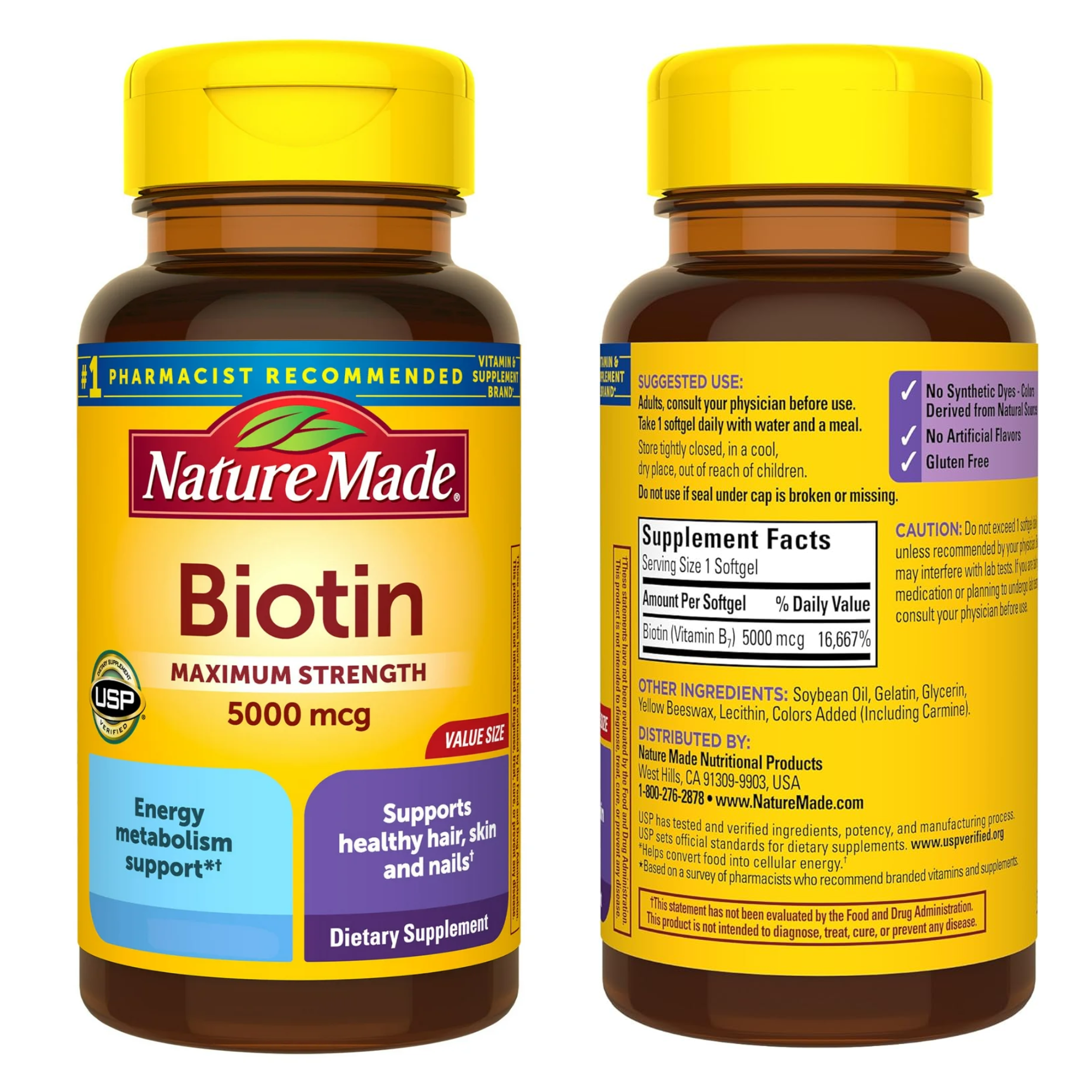 Nature Made, Maximum Strength Biotin Softgels, Promotes Healthy Hair, Skin & Nails, 5000 mcg, 120 Count