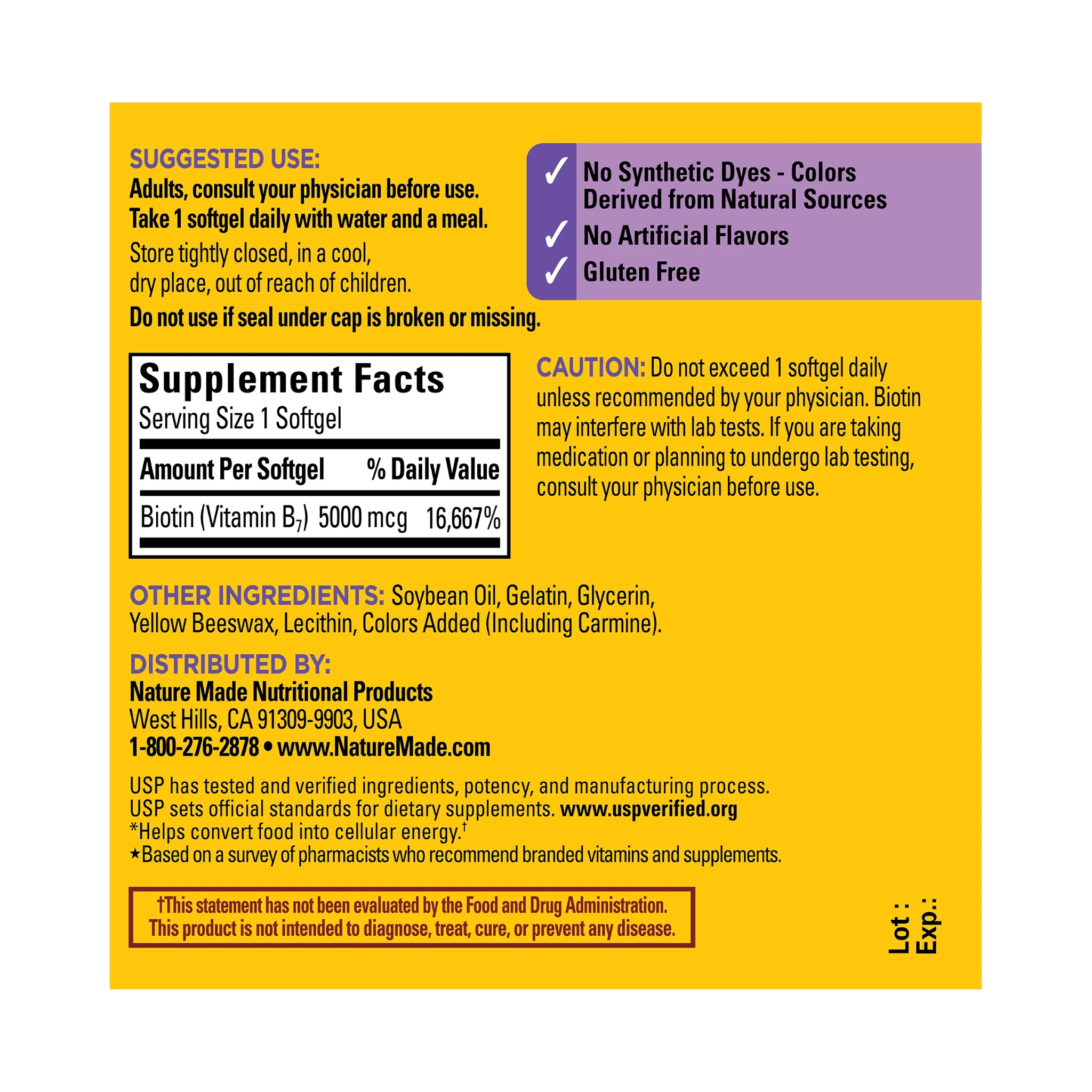 Nature Made, Maximum Strength Biotin Softgels, Promotes Healthy Hair, Skin & Nails, 5000 mcg, 120 Count