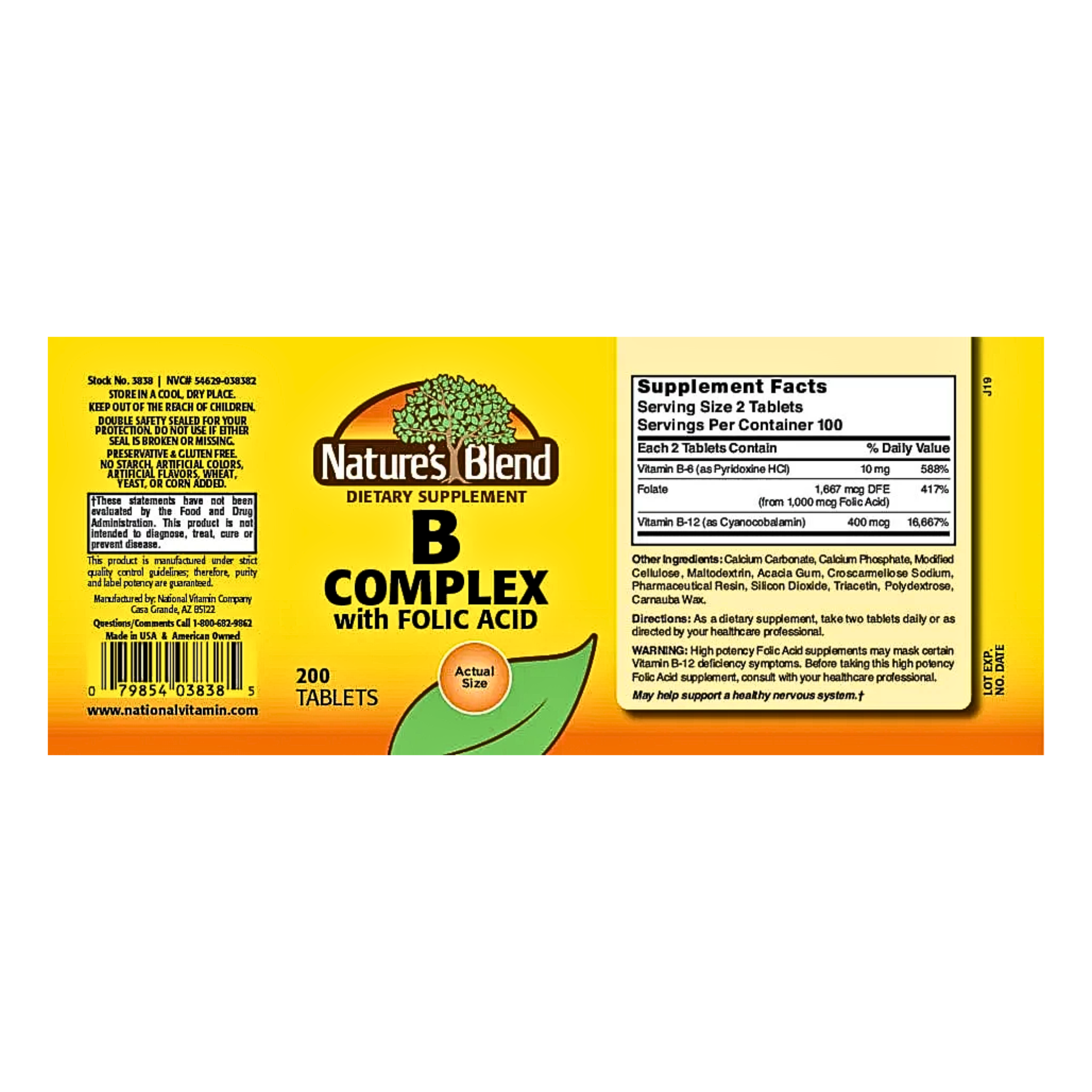 Nature's Blend, B Complex Plus Folic Acid Tablets, Energy & Metabolism Support, 200 Count - Pharmaful
