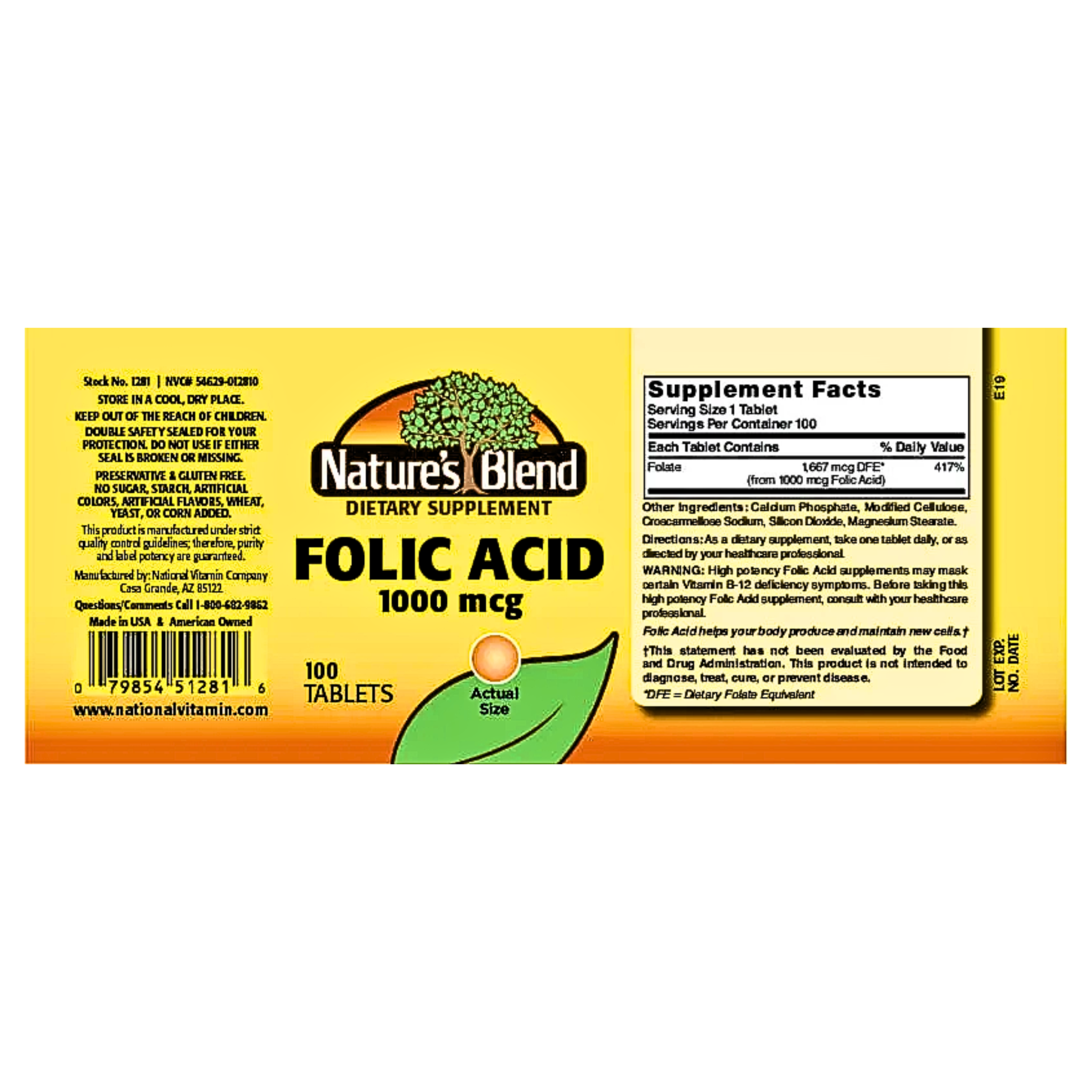 Nature's Blend, Folic Acid Tablets, 1000 mcg, Supports Prenatal Health & Cell Growth, 100 Count