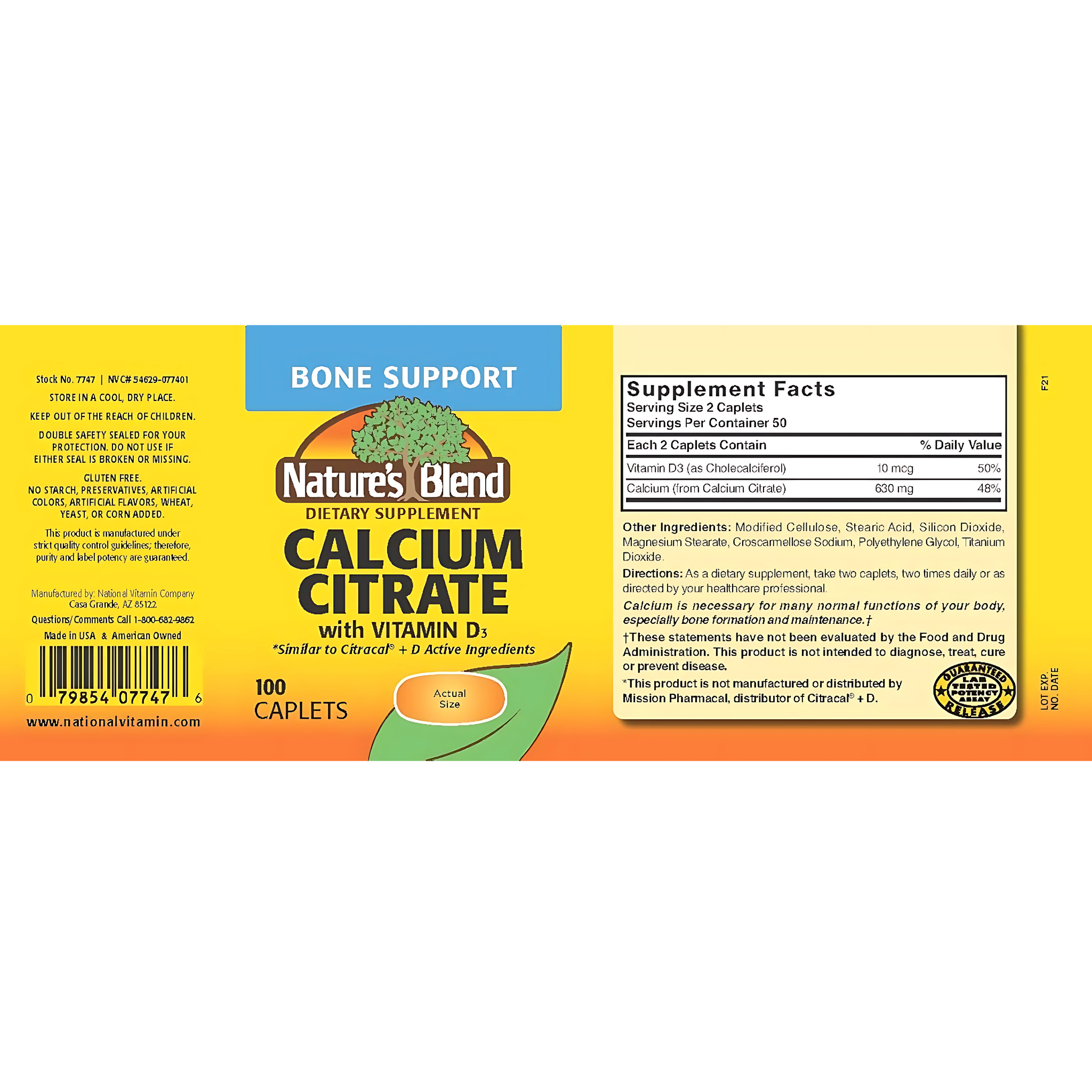 Nature's Blend, Calcium Citrate with D3, Supports Bone Health, 100 Tablets