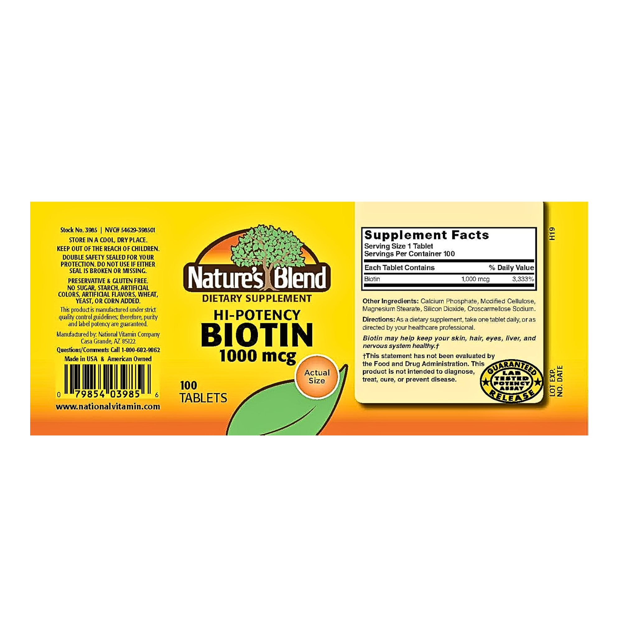 Nature's Blend, Hi-Potency Biotin, 1000 mcg, Supports Healthy Hair, Skin & Nails, 100 Tablets