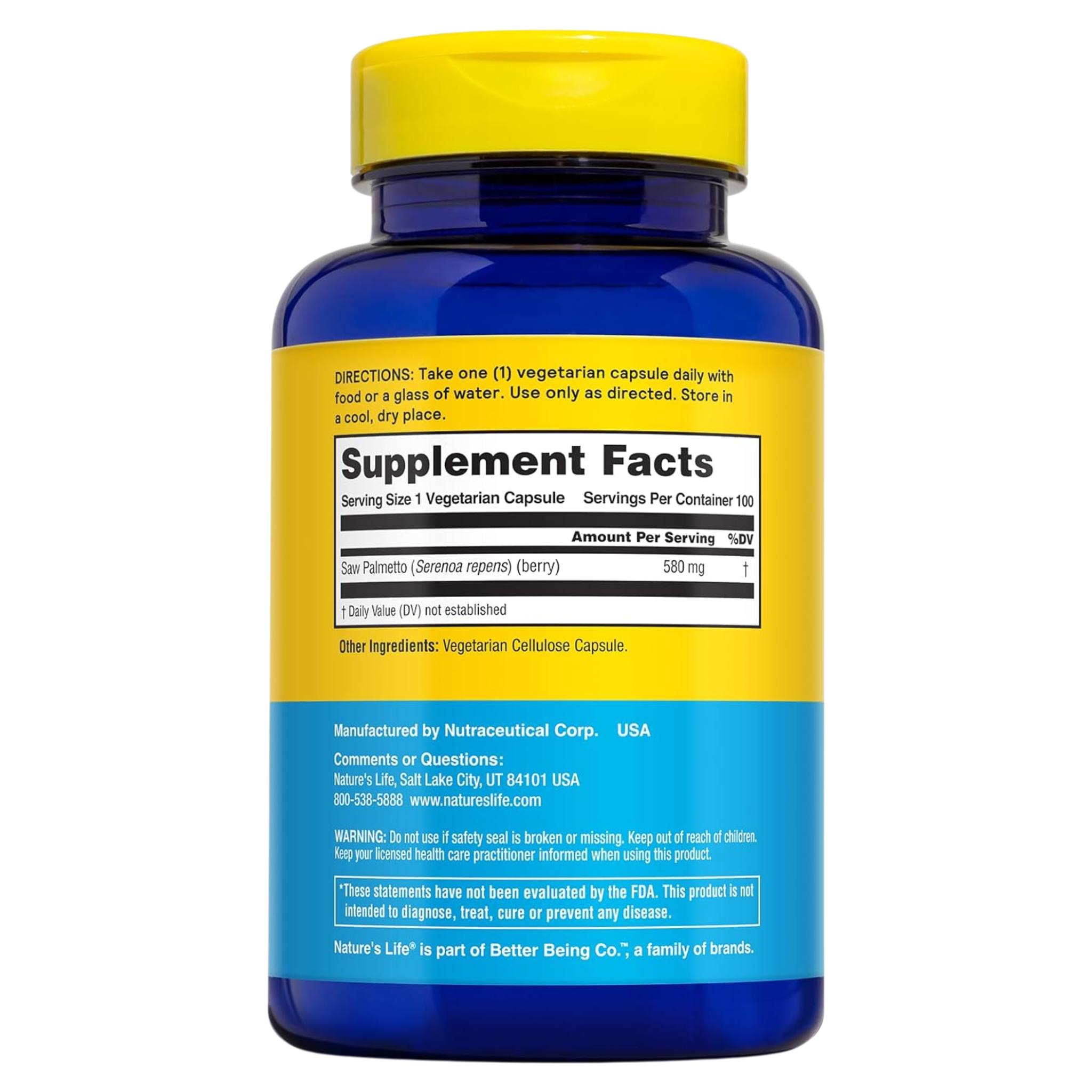 Nature's Life, Saw Palmetto Capsules, Herbal Support for Wellness, 580 mg, 100-Count (Pack of 6)
