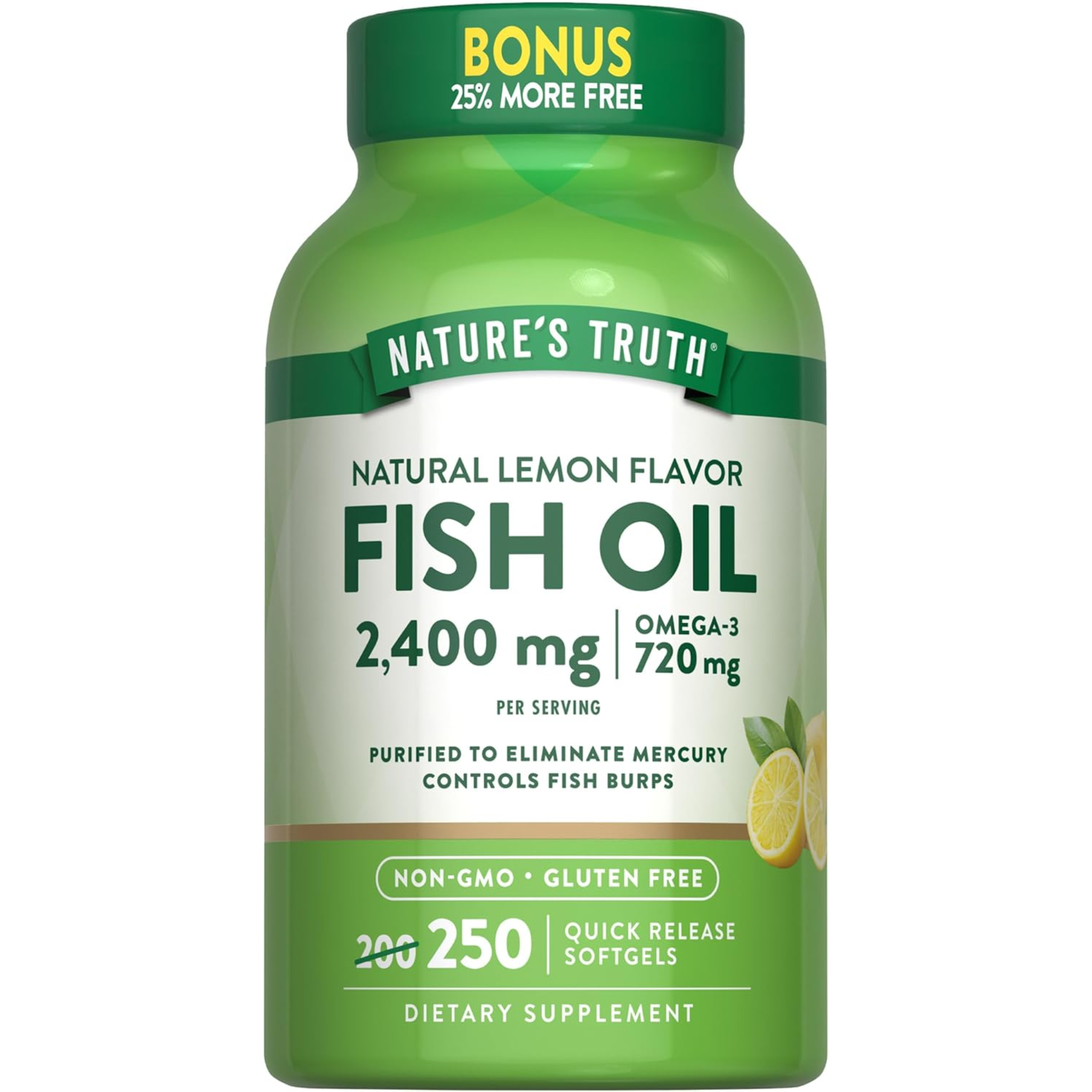 Nature's Truth, Burpless Fish Oil 2400mg, Rich in Omega 3 for Heart and Joint Health, Natural Lemon Flavor, Non-GMO & Gluten-Free, 250 Softgels