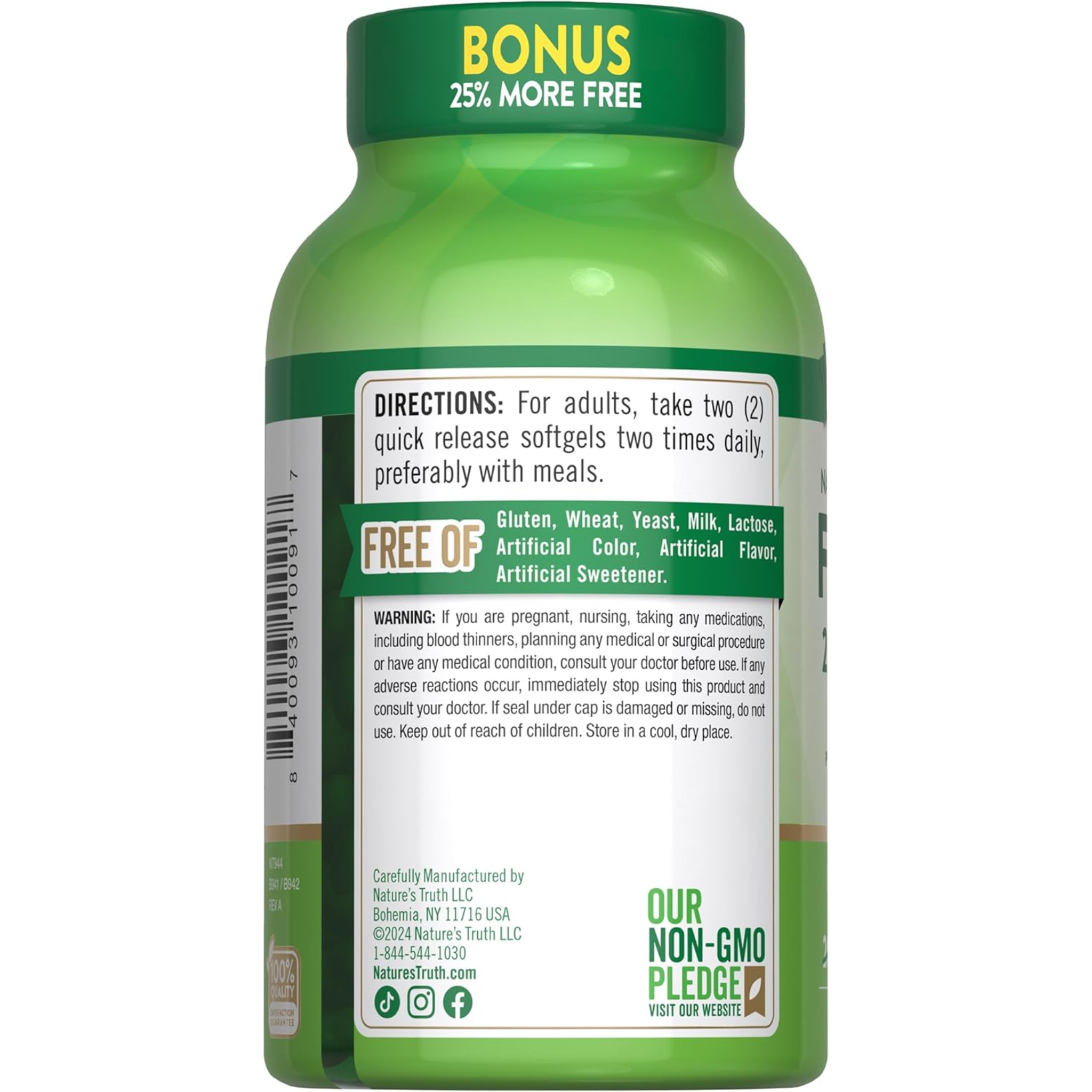 Nature's Truth, Burpless Fish Oil 2400mg, Rich in Omega 3 for Heart and Joint Health, Natural Lemon Flavor, Non-GMO & Gluten-Free, 250 Softgels