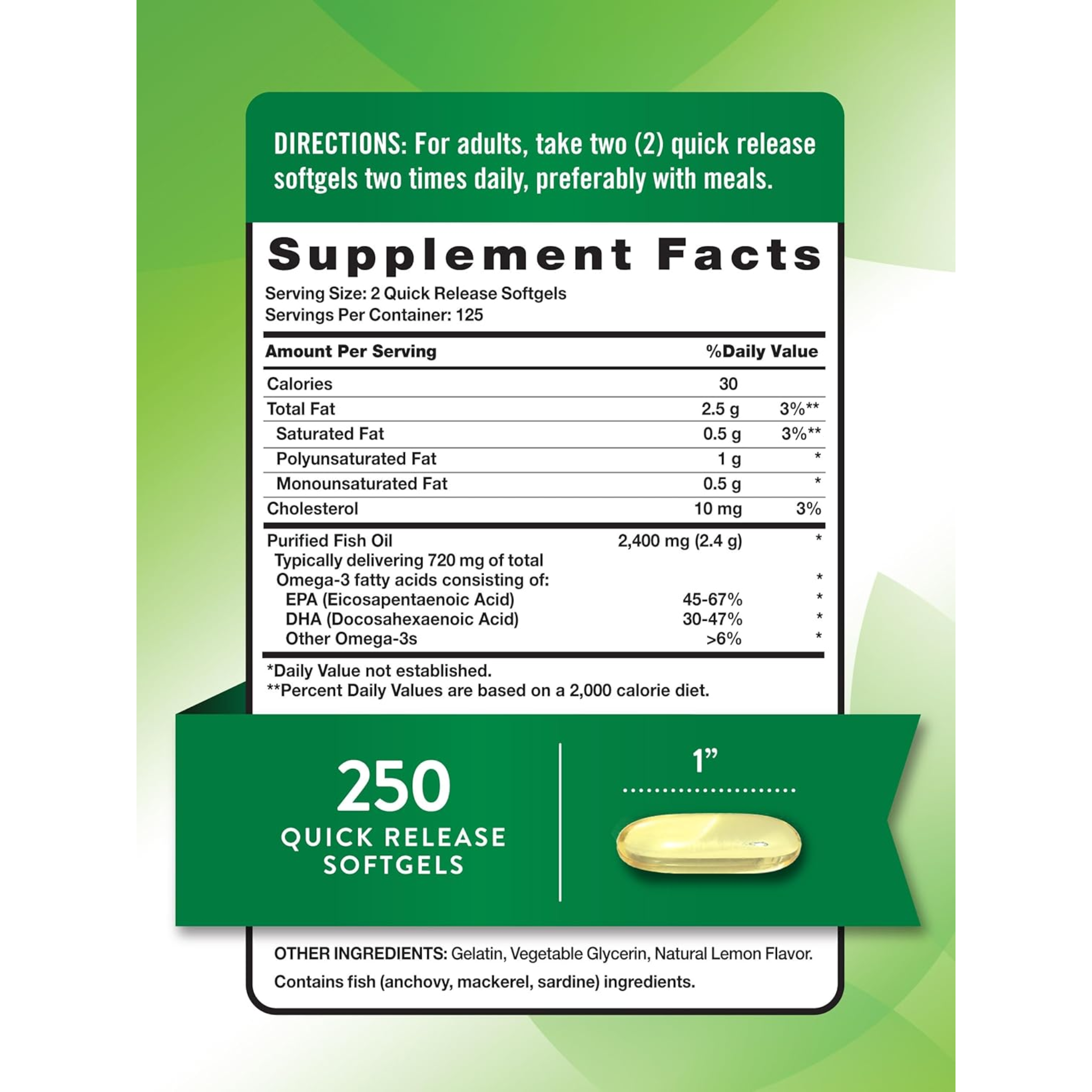 Nature's Truth, Burpless Fish Oil 2400mg, Rich in Omega 3 for Heart and Joint Health, Natural Lemon Flavor, Non-GMO & Gluten-Free, 250 Softgels